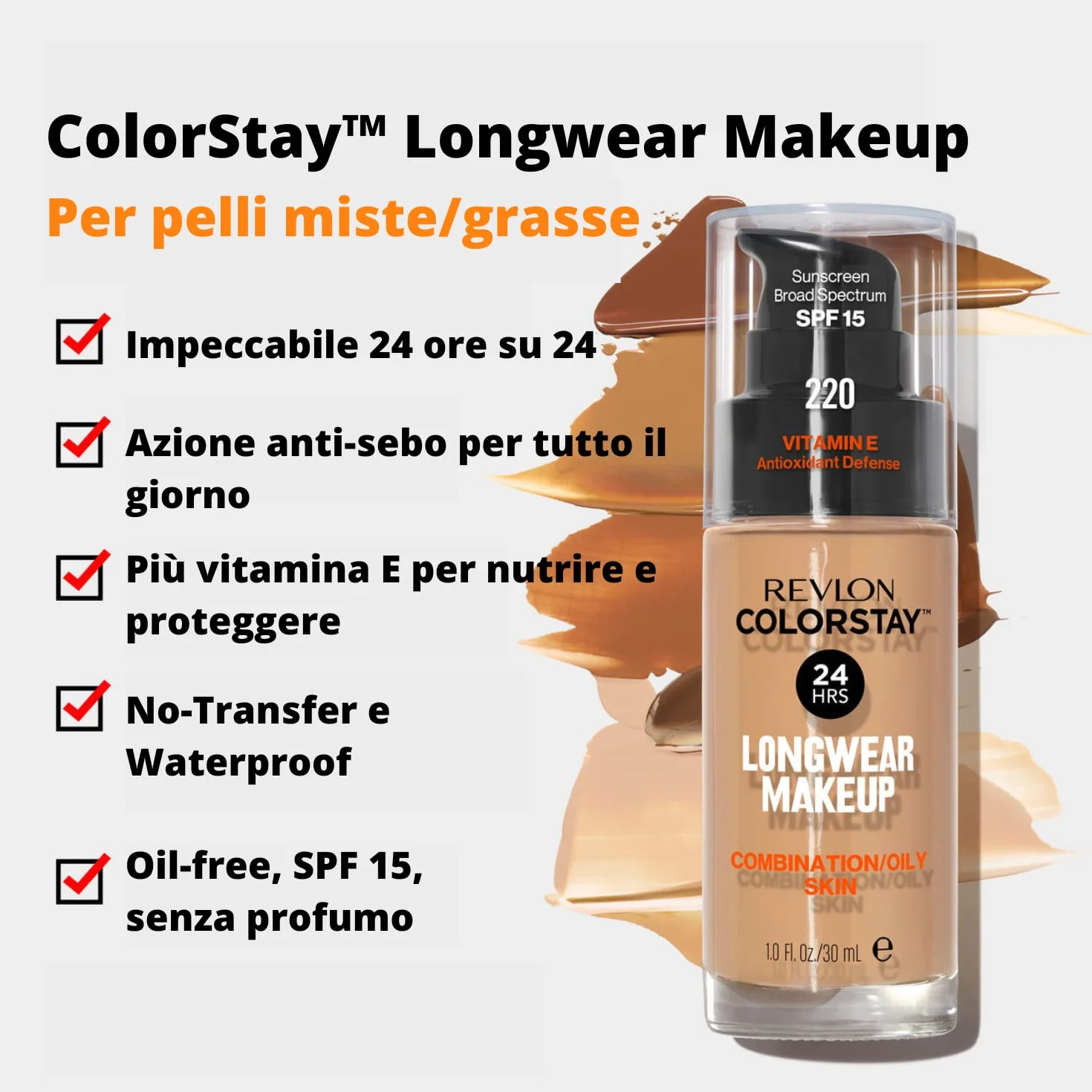 Revlon ColorStay, Fondotinta per Pelle Mista e Grassa, con Protezione Solare SPF 15, Formula Duratura, Oil Free (30ml), 250 Fresh Beige