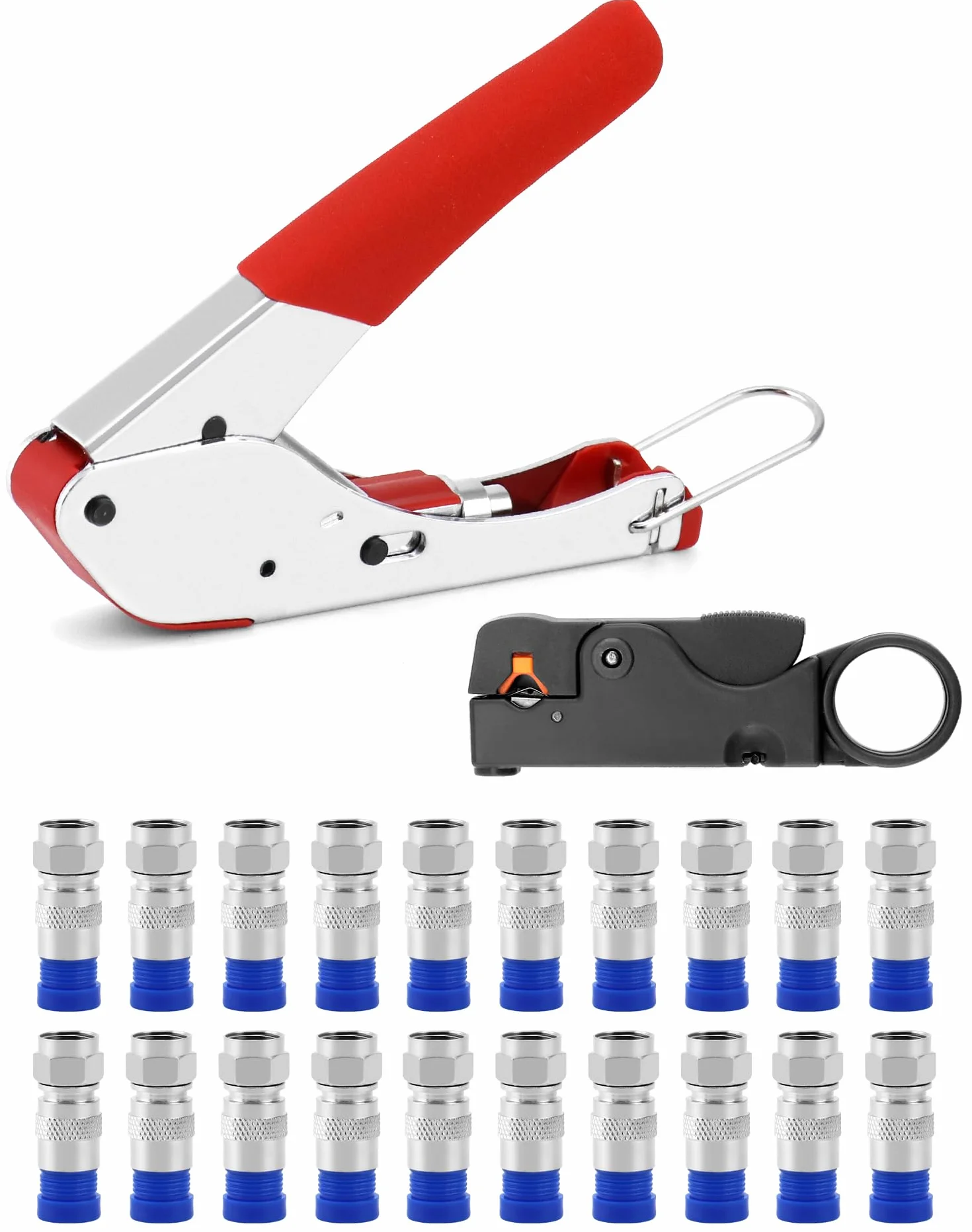 QWORK Set di strumenti per crimpare cavi coassiali 22PCS con spelafili e compressione connettore F per RG6 TV via cavo