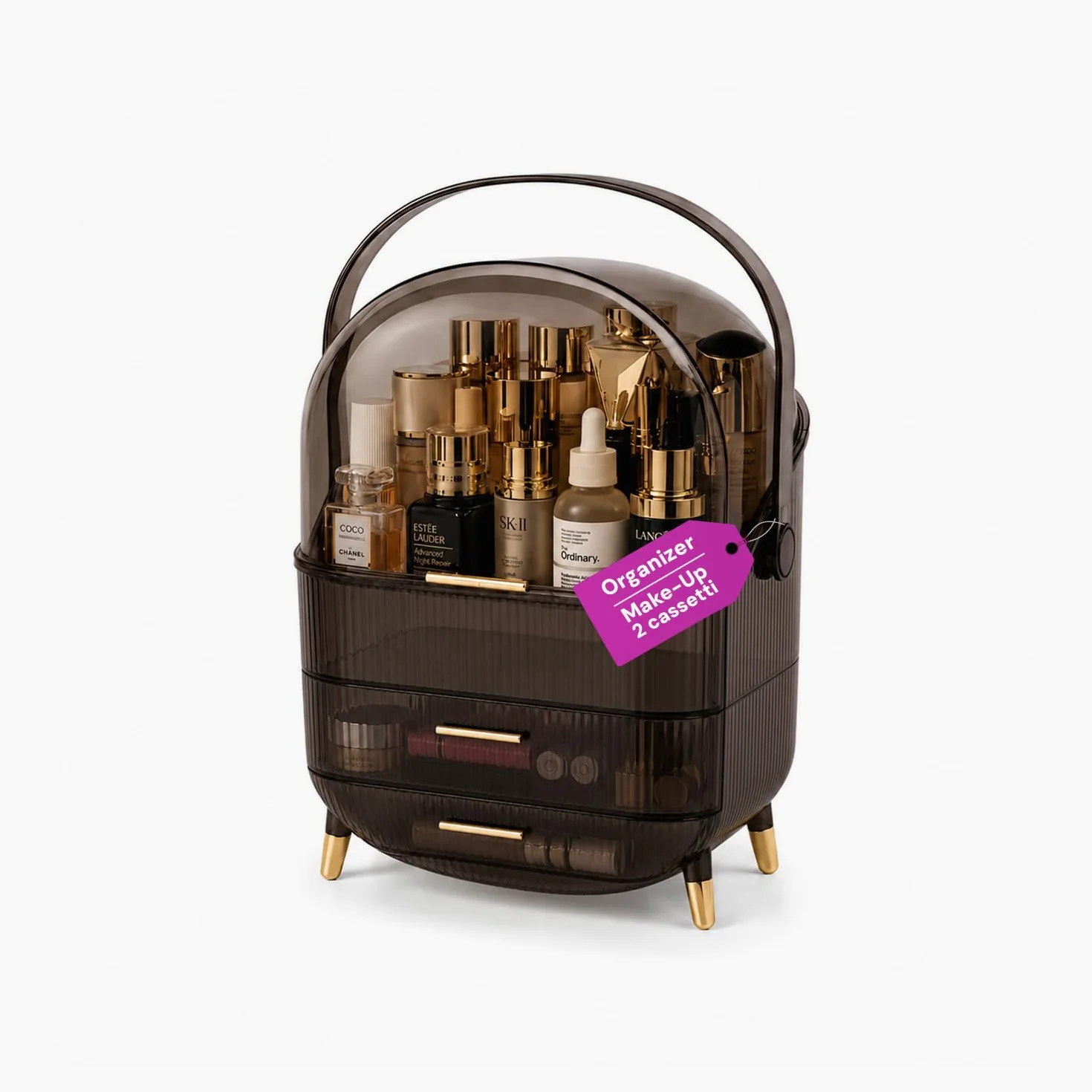 Wintem Porta Trucchi con Cassetti Trasparente Nero Fumè, Make Up Organizer da Bagno Impermeabile con Coperchio e 2 Cassetti Scorrevoli, Organizzatore Cosmetici Portatile 30x19x34 cm
