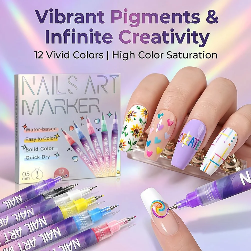 Penne per Nail Art 3D a Punta Fine, 12 Colori 0.5MM - Pennarelli per Unghie Penna Punta Graffiti Pennello per Disegno Puntinatura per Casa Salone per una Rapida Nail Art Fai da Te