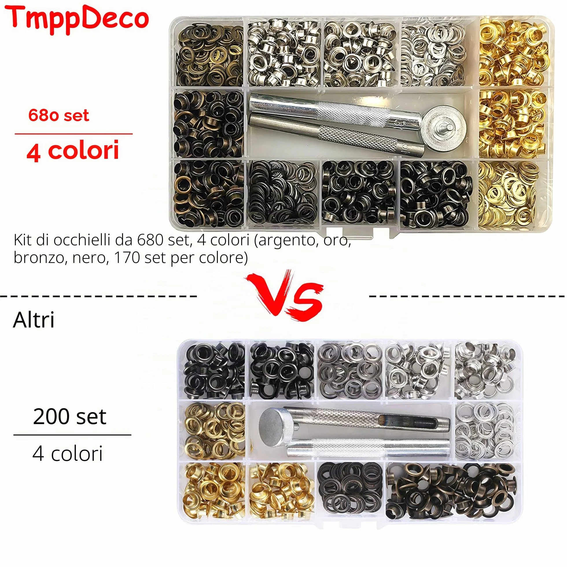 Occhielli Metallici 5mm 4 Colori 680 Set con Strumenti per Tela Borse Teloni
