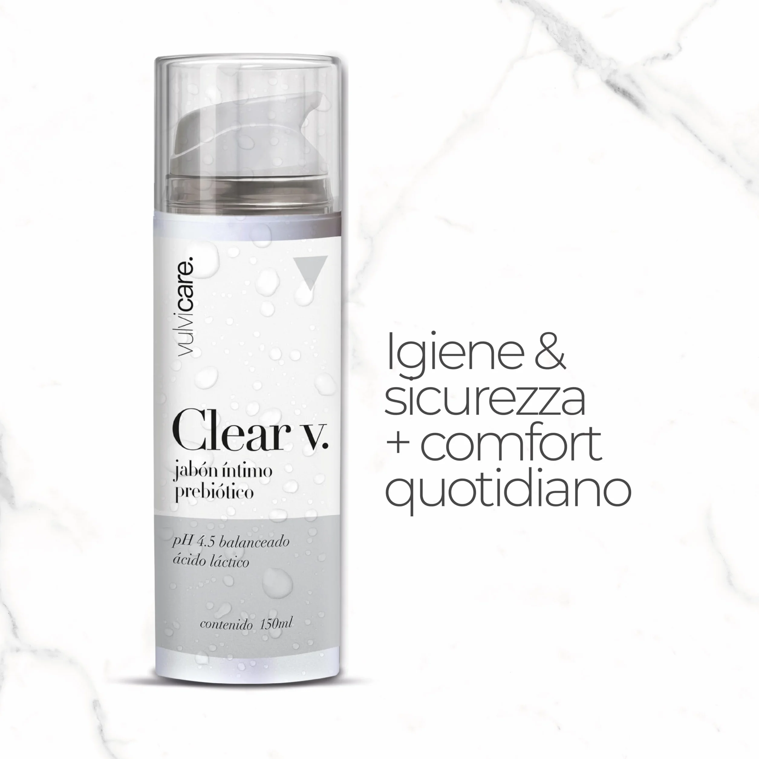 Vulvicare Clear V Sapone intimo prebiotico pH 4,5 bilanciato 150ml - Con acido lattico per un microbiota equilibrato - Igiene e cura vulvovaginale