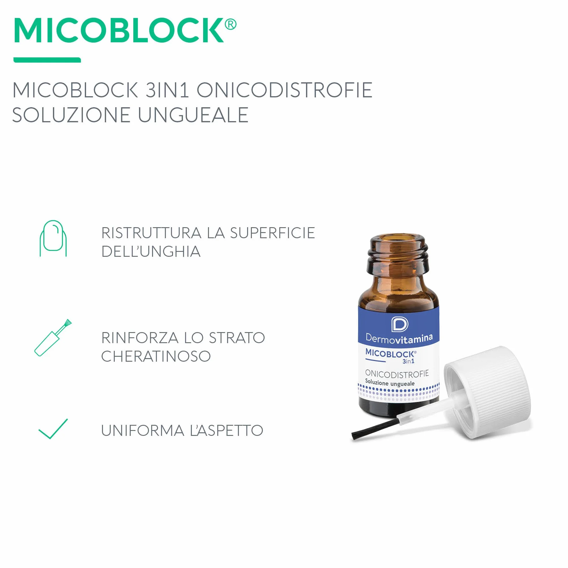 Dermovitamina Micoblock 3in1 Onicodistrofie - Smalto Rinforzante Unghie - Senza Siliconi, Profumo e Coloranti - Rinforzante Unghie Fragili Curativo - Soluzione Ungueale da 7 ml