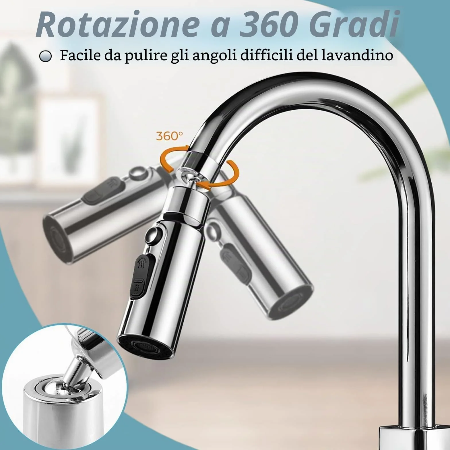 Aeratore Rubinetto Cucina 360° Girevole con 3 Modalità e 5 Adattatori Filettati