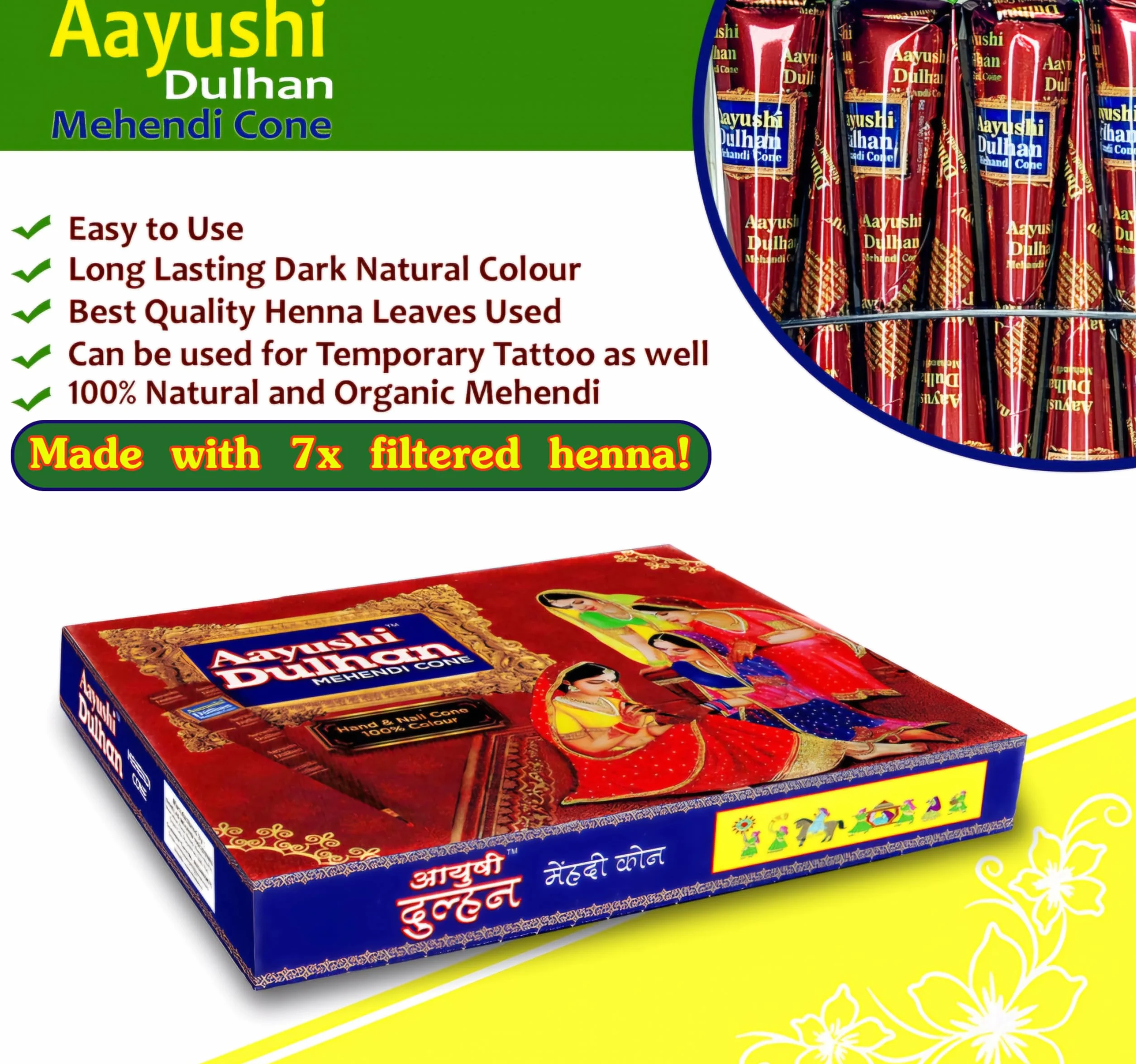 Aayushi Mehandi Cone Premium 100% naturale, 4 x 25 G