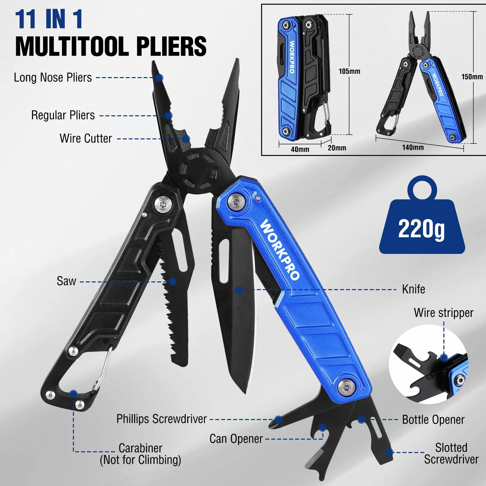 WORKPRO Pinza Multiuso 11 in 1 Acciaio Inossidabile Tascabile Multifunzione con Coltello e Cacciavite