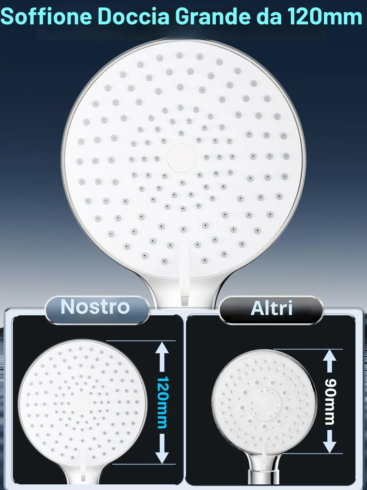 YEAUPE PRO Soffione Doccia Anticalcare 3 Tipi Di Getto Grande Φ120mm Cromo 1.6M