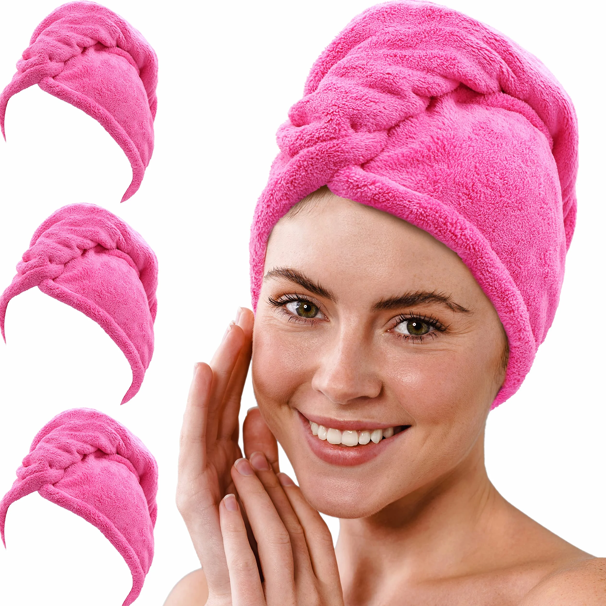 Gräfenstayn Set di 3 Asciugamani per Capelli in Microfibra con 2 bottoni - Asciugamano a turbante ad asciugatura rapida e assorbente - per capelli corti e lunghi (Fucsia)