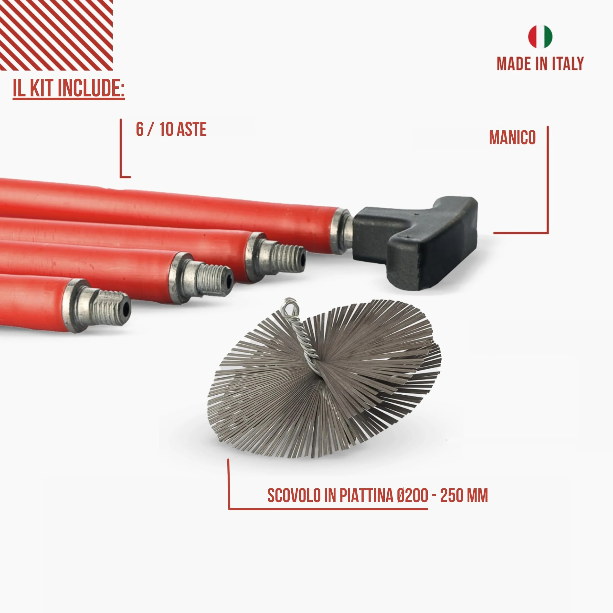 BARETTO Kit Pulizia Camino Canna Fumaria Ø 200 mm Acciaio Aste 10 m Curvatura 45° Rimozione Incrostazioni