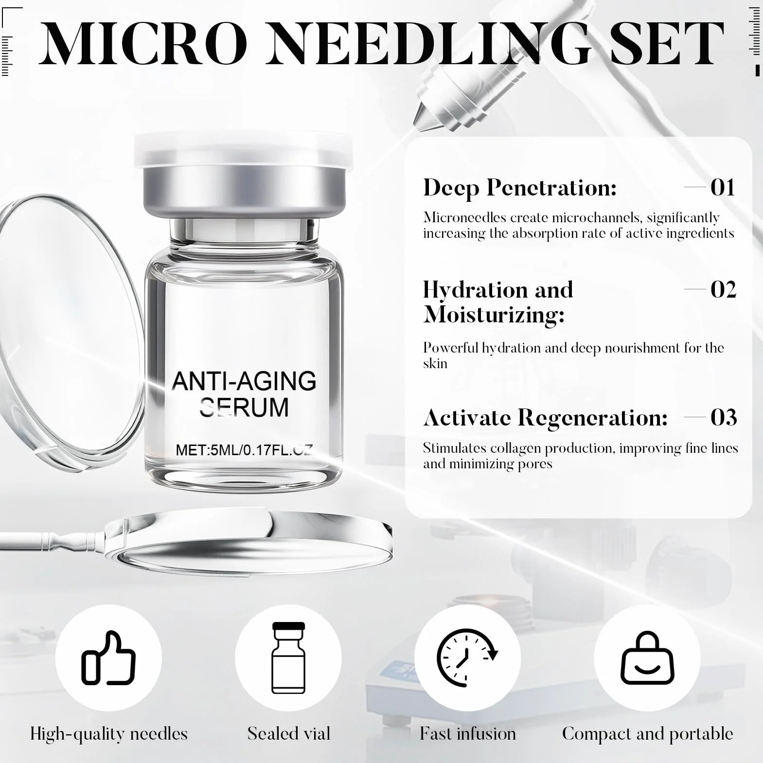 Micro infusione System, Micro Needling Set, Microneedling Siero, Micro Infusion Face con 6 Microneedling Serum e 2 Roller inclusi, soluzione anti-invecchiamento (A)
