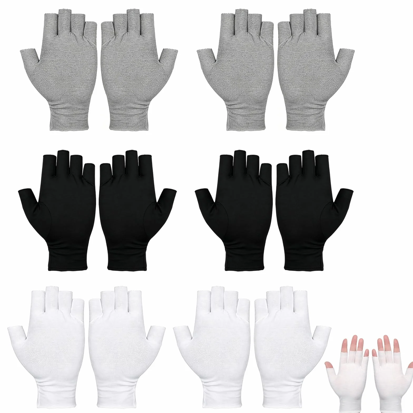 Guanti Senza Dita in Cotone 6 Paia, Nero Bianco Grigio, Guanti Idratanti da 19 x 10 cm per Cura Mani Notte, Protezione UV Unghie, Spa, Sonno e Comfort Quotidiano