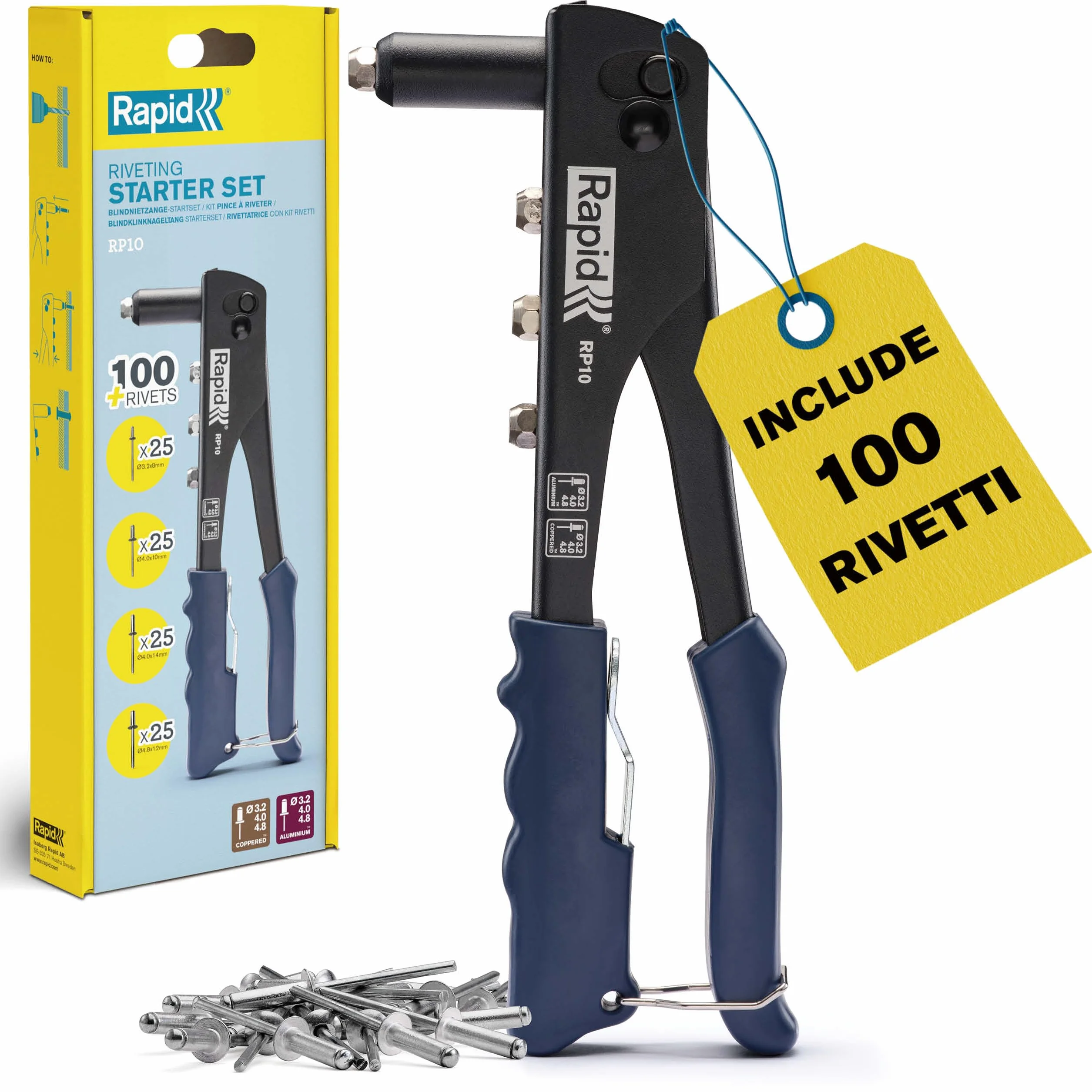 Rapid RP10 Kit Rivettatrice Manuale con 100 Rivetti Alluminio 3.2-4.8mm Impugnatura Morbida