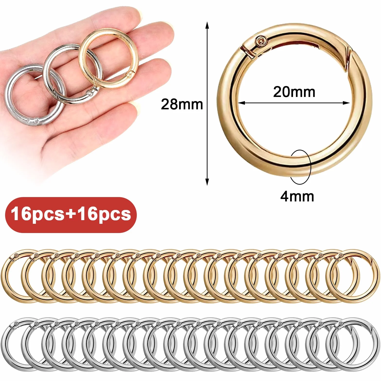 Moschettoni Rotondi 28mm per Borse Uncinetto 32 Pezzi Argento Oro