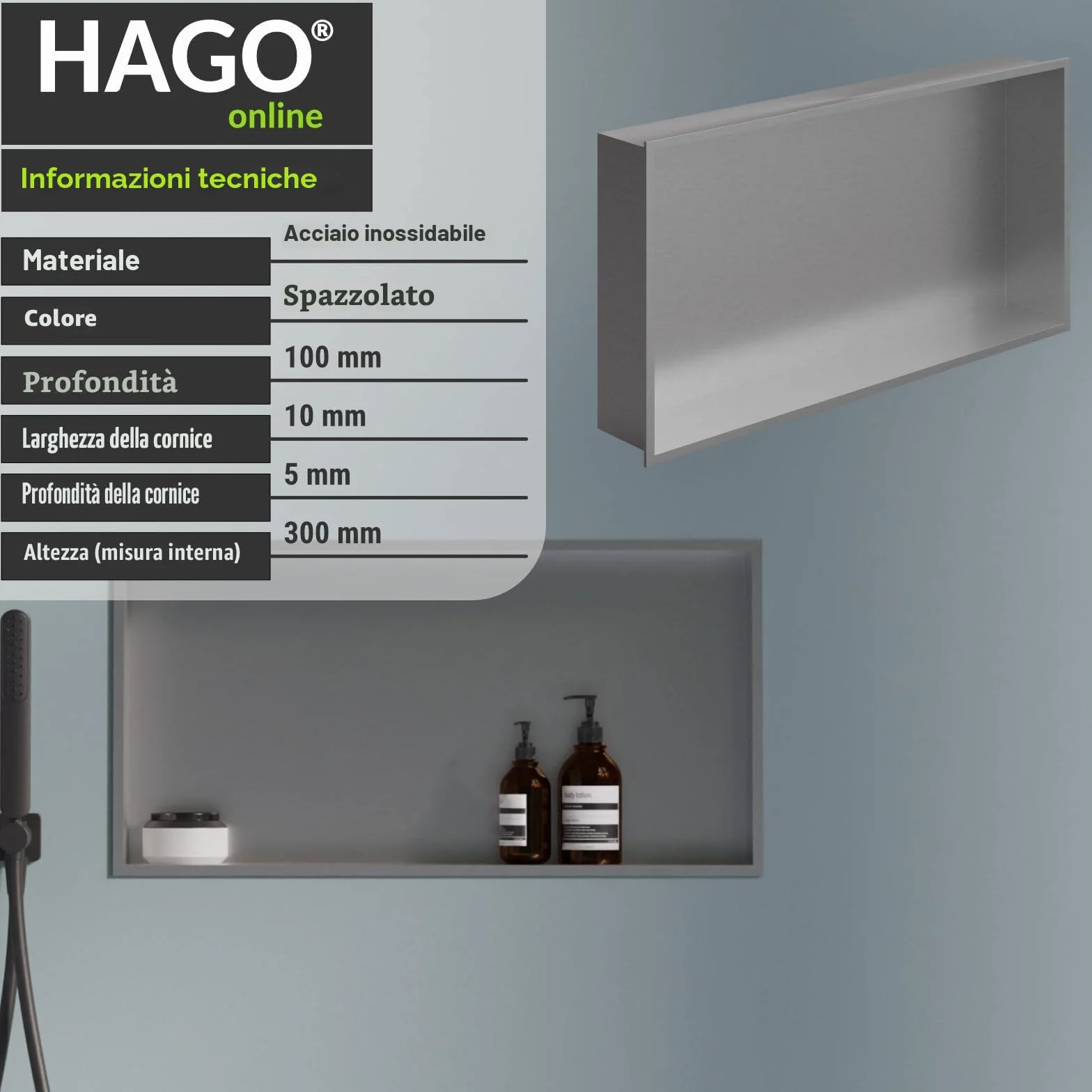 Cuccia per doccia in acciaio inox spazzolato 60x30 cm montaggio a incasso