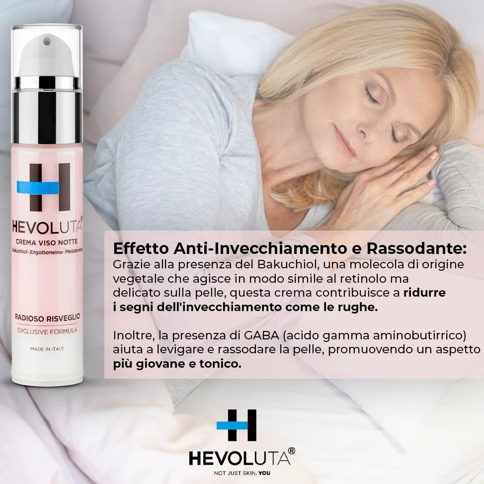 Hevoluta Crema Viso Notte, Antirughe, per Pelli Mature, 50 ml | Idratante Antiage Antimacchia e Lenitiva, con Bakuchiol Melatonina Ergotioneina Niacinamide GABA, Made in Italy