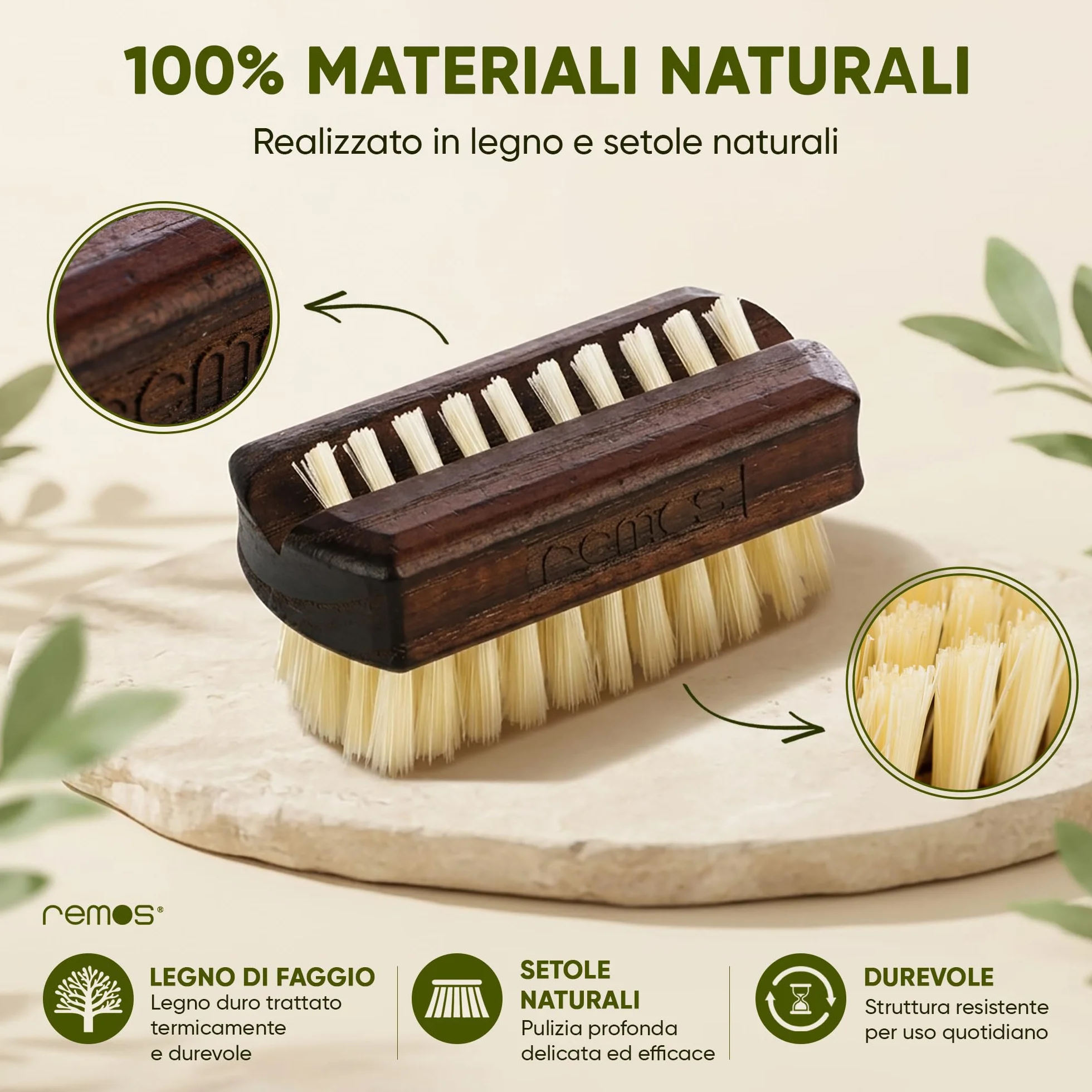 REMOS Spazzola da viaggio mini con setola naturale in legno di faggio termico