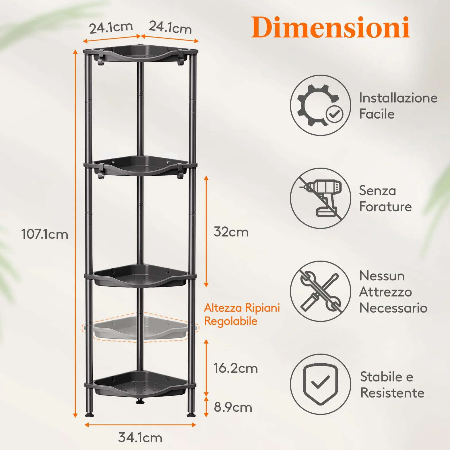 Mensola Doccia a 4 Livelli senza Foratura, Organizzatore Angolo per Bagno in Plastica, Nero 34cm