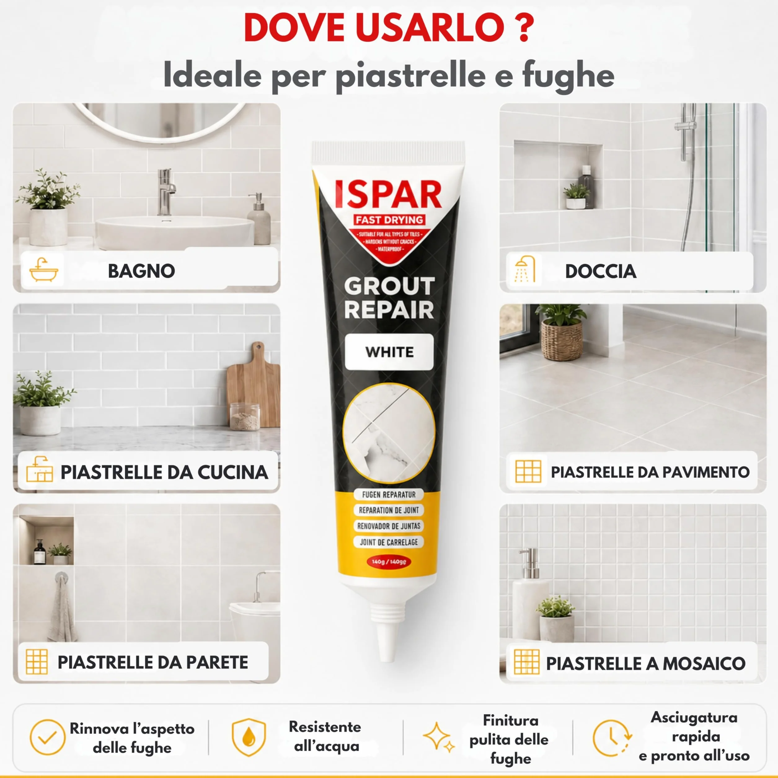 ISPAR Stucco per Fughe Crema 250 g, Riempitivo Pronto in Tubetto per Riparazione Fughe Piastrelle
