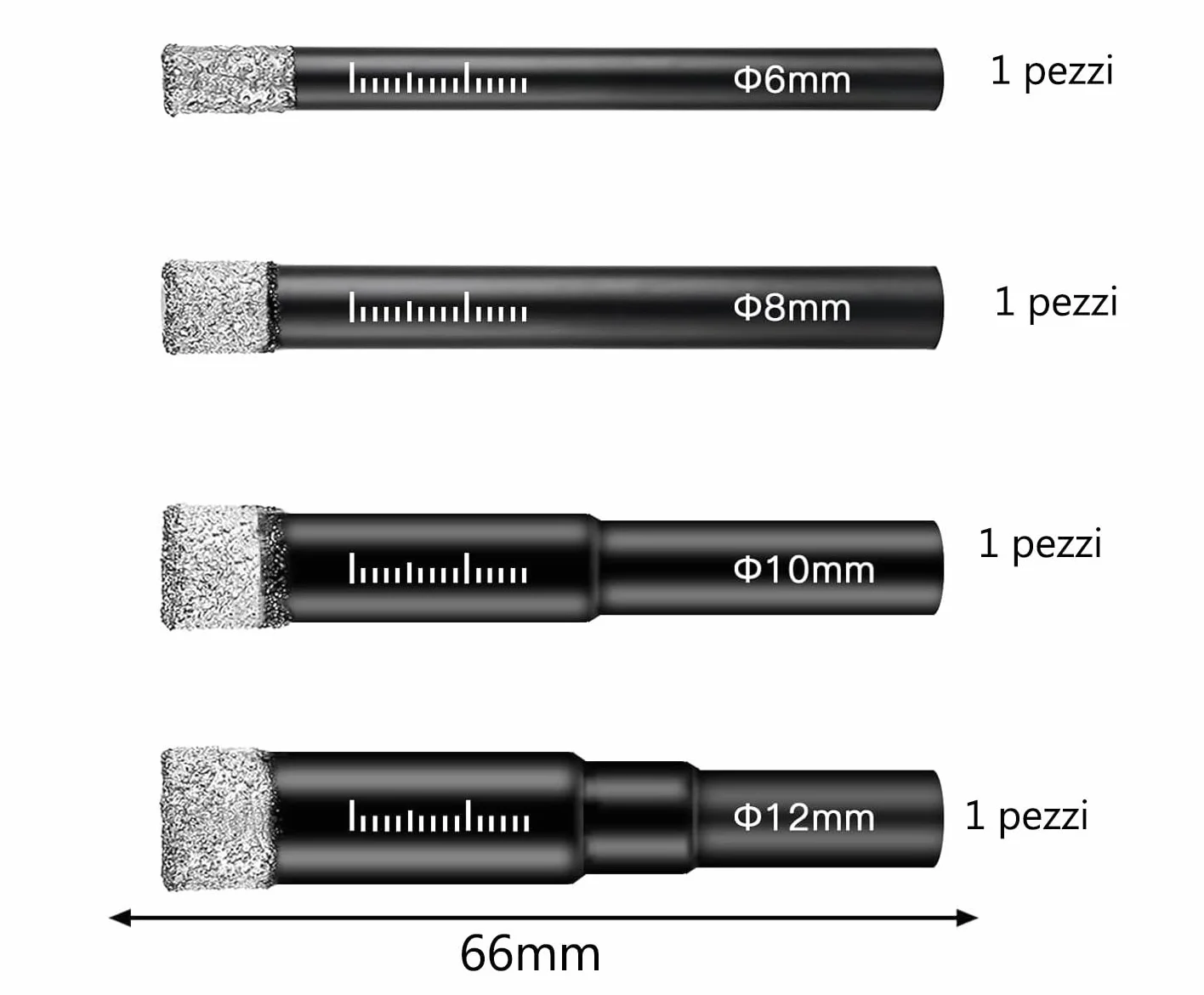 Punte Diamantate per Gres Porcellanato 6 Pezzi Set da 6/8/10/12 mm Trapano