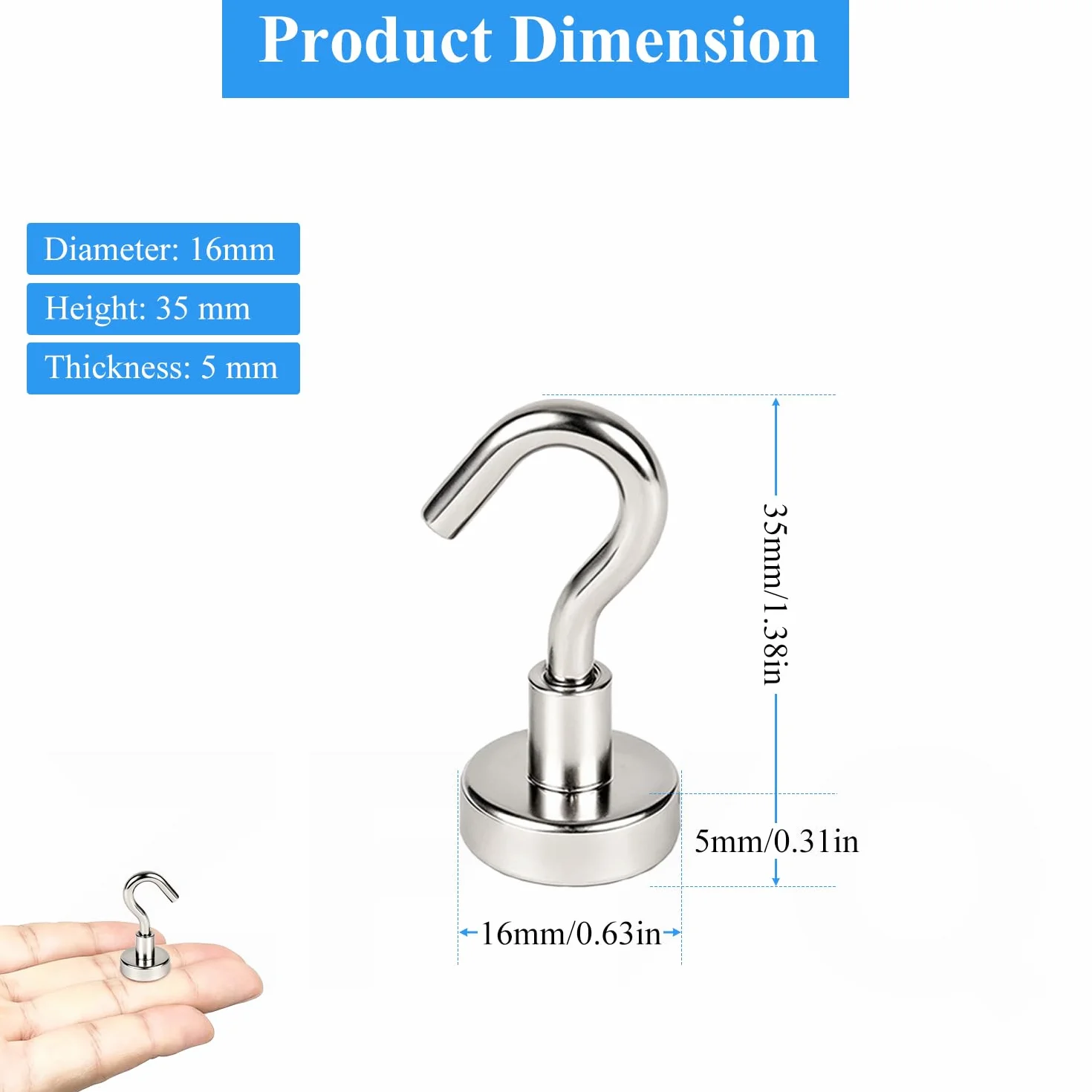 Gancio Magnetico 16MM 9KG Potente Magnete al Neodimio Supporto per Cucina Casa 12 Pezzi