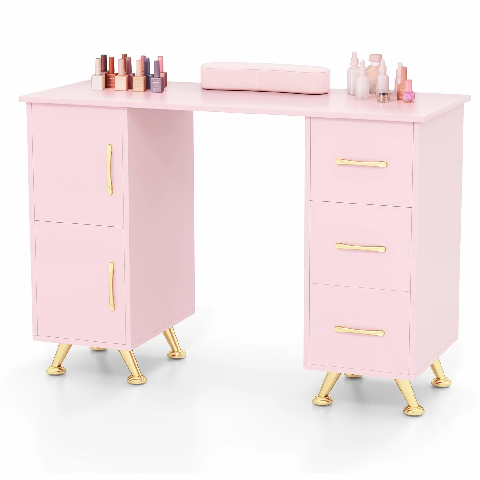 GYMAX Tavolo da Manicure, Stazione Tavolo per Tecnico Unghie, Cuscino per Polso, 8 Gambe in Metallo, 3 Cassetti e 2 Armadi, Stazione di Lavoro in Legno per Arte Unghie per Salone di Bellezza (Rosa)