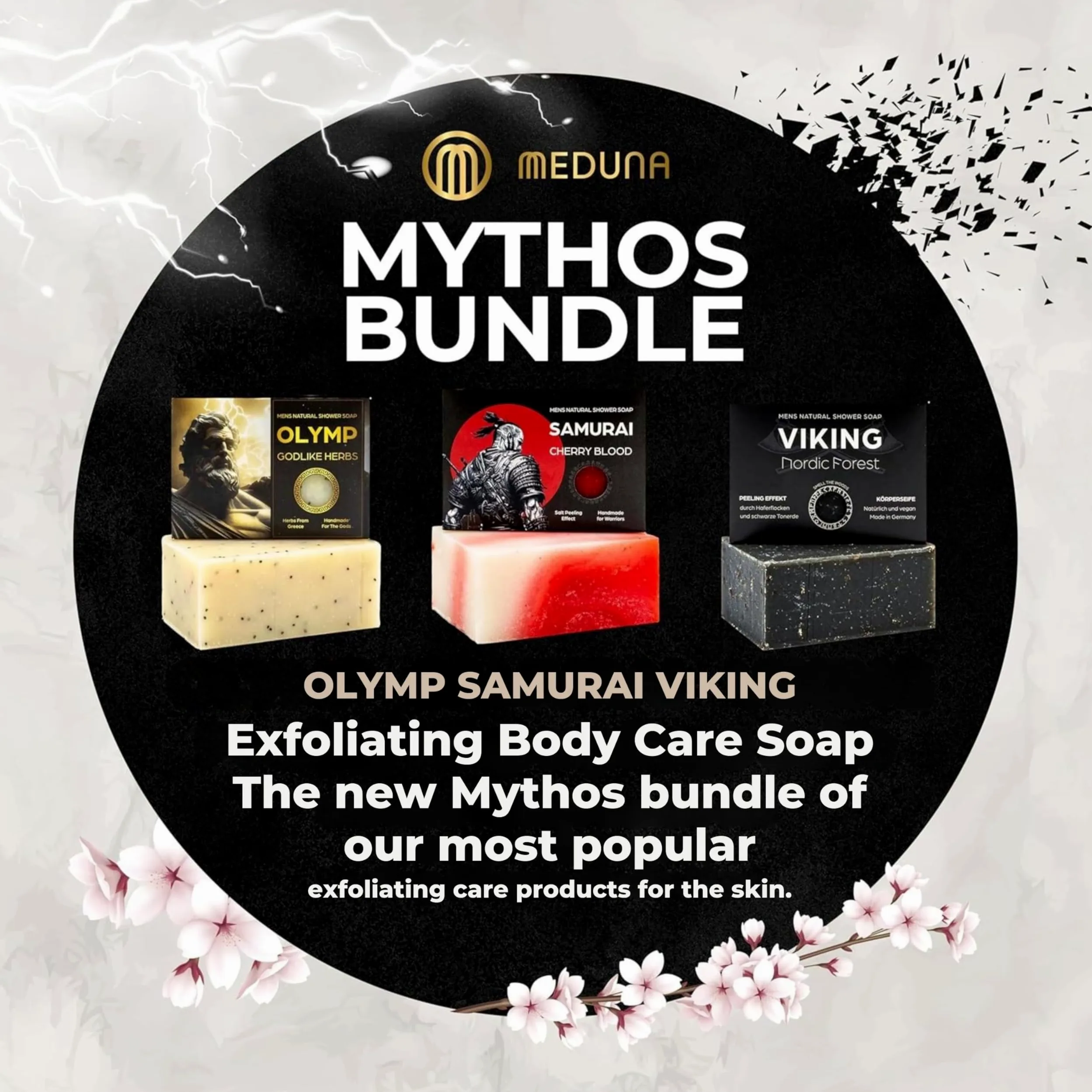 MEDUNA Sapone esfoliante Mythos Bundle 3 x 100 g – sapone naturale solido – sapone per la cura vegano – sapone per il corpo per tutti i tipi di pelle – olio di cocco biologico & burro di karitè –