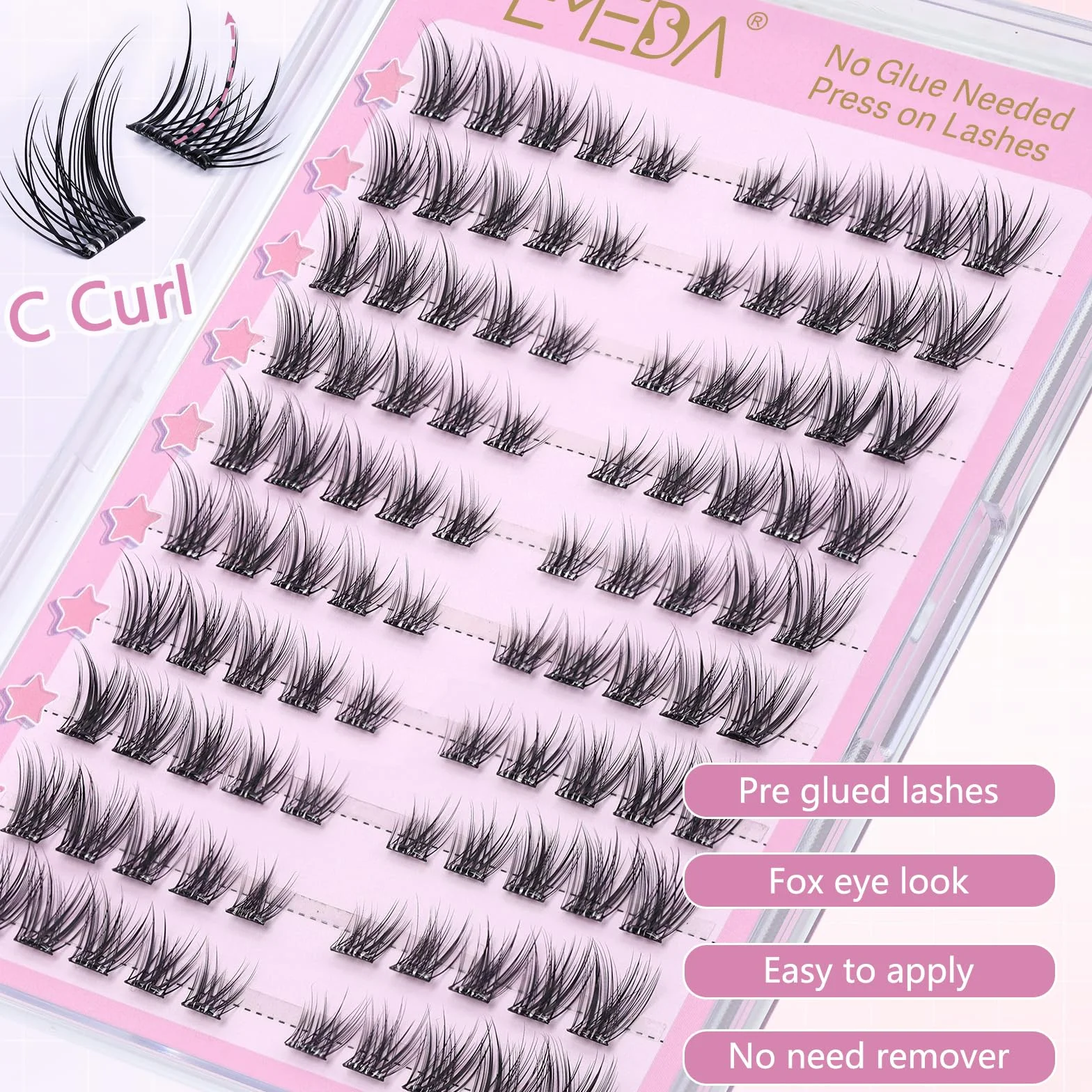 EMEDA ciglia autoadesive naturale, kit ciglia a grappolo senza colla 120pcs Ciglia naturali a pressione, DIY Ciglia a grappolo preincollate con pinzetta Ciglia da gatto preincollate (Cat eye02)