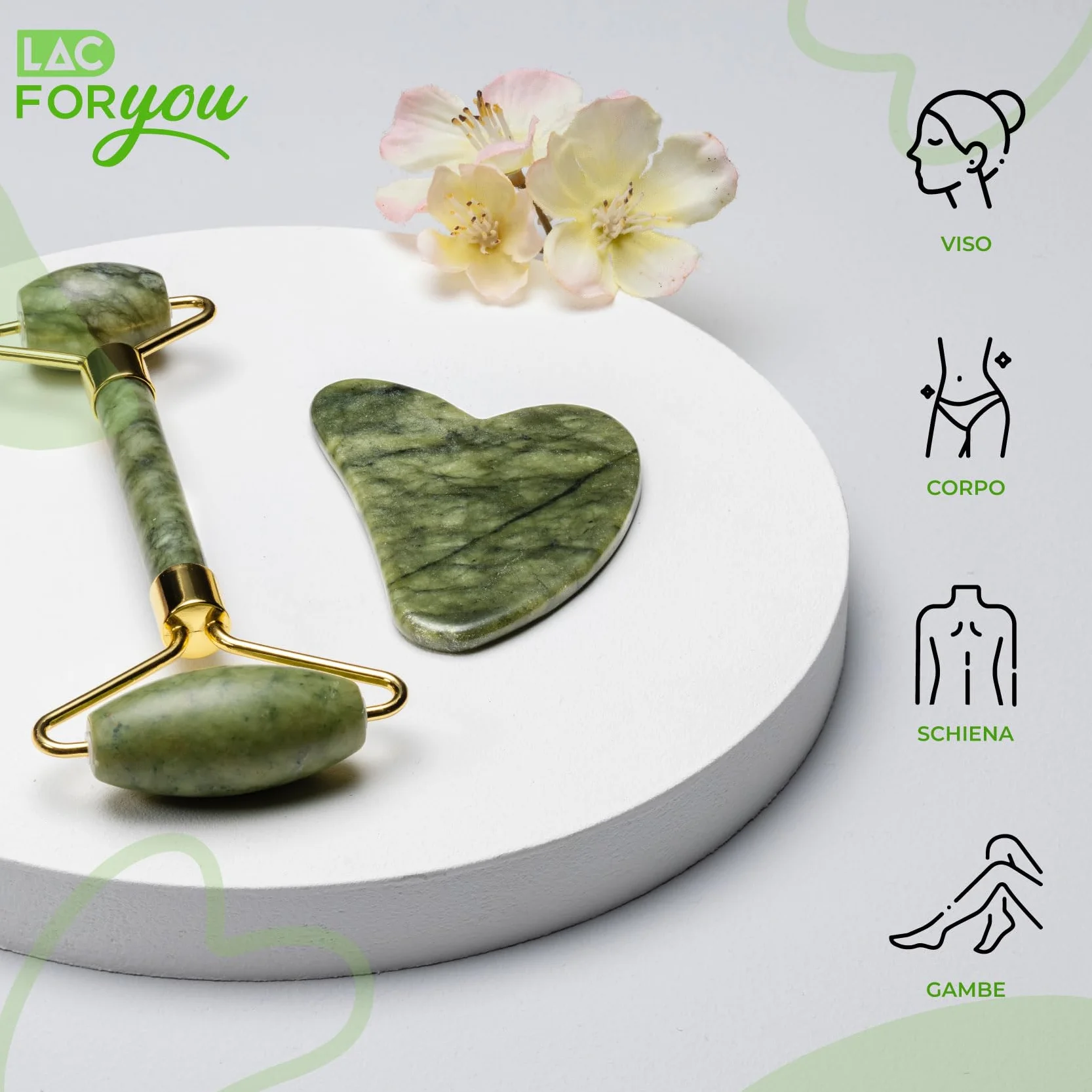 LAC FOR YOU Pietra Gua Sha e Rullo di Giada per il Viso - Roller Massaggio Viso Antirughe - 2 Pz Accessori Skincare Kit