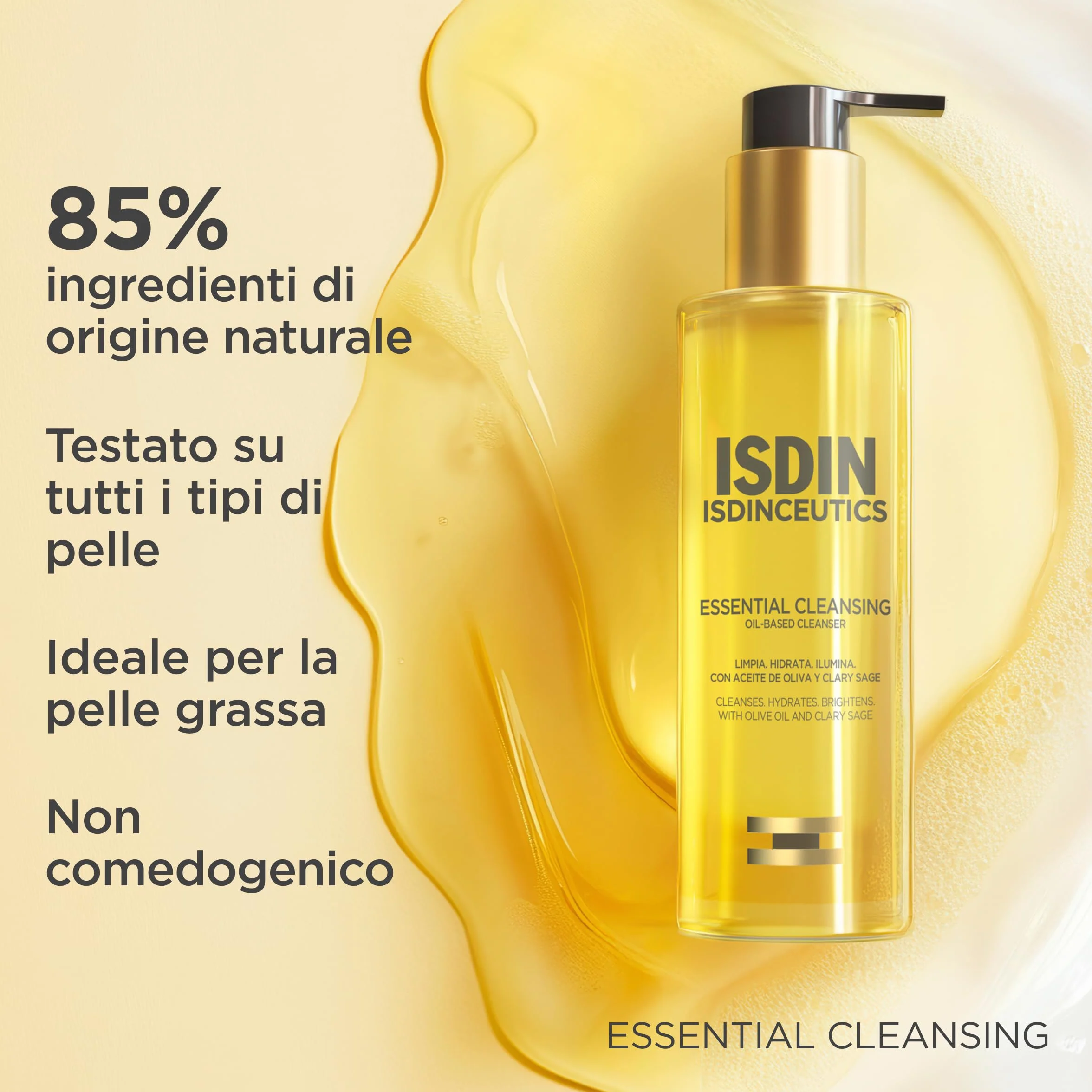 ISDIN Isdinceutics Essential Cleansing 200 ml | Olio Detergente Viso Delicato e Leggero, Texture Olio-in-Latte | Rimuove Trucco e Crema Solare | 85% di Ingredienti di Origine Naturale