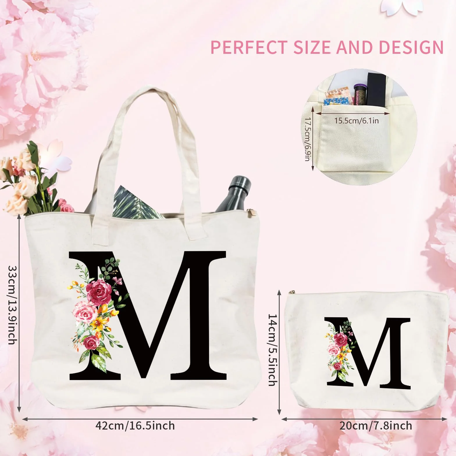 Borsa per il trasporto e trousse con iniziale, borsa per la spesa in tela con cerniera, personalizzata, in cotone, regalo per fidanzata, moglie, mamma, sorella, compleanno, matrimonio, festa della