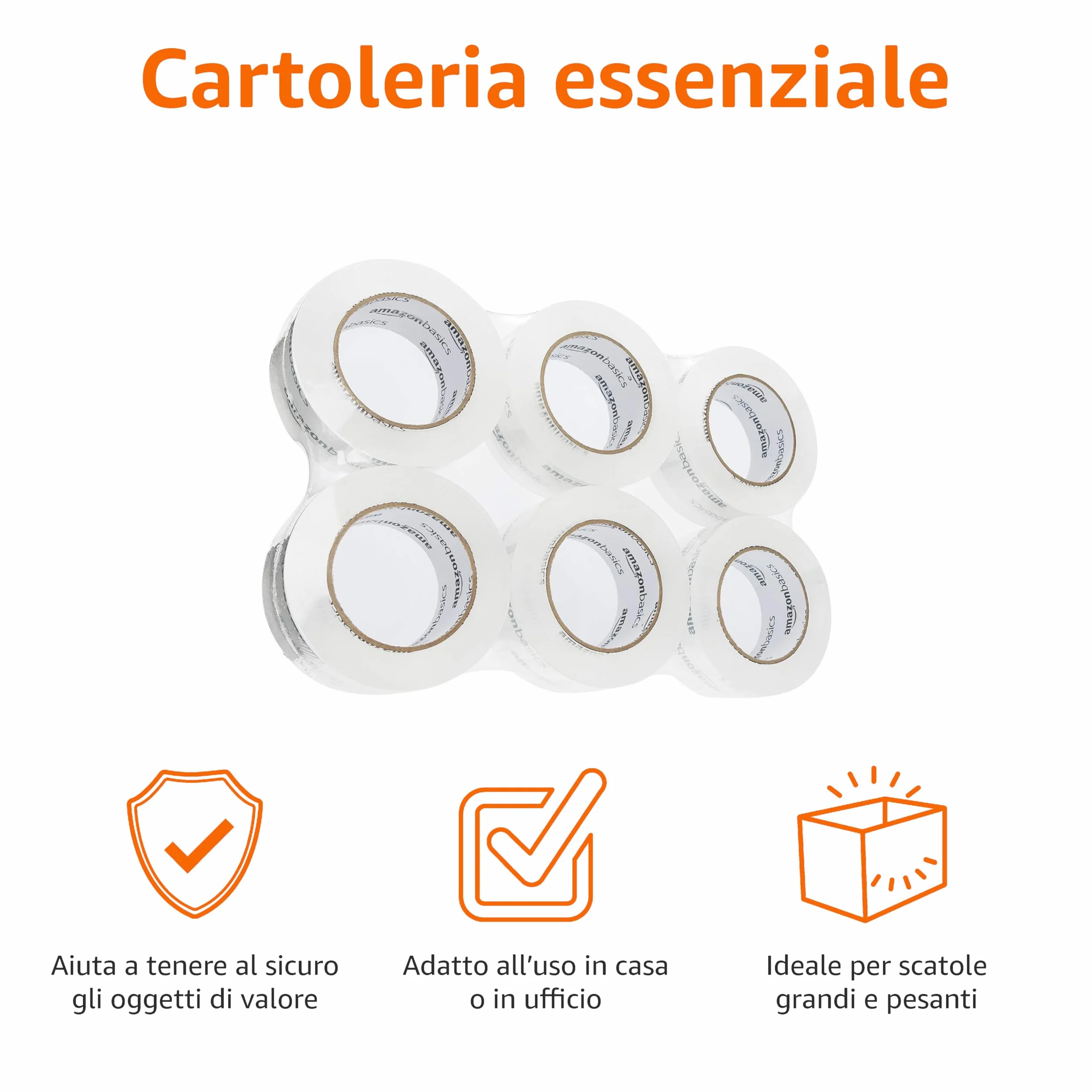 Amazon Basics Nastro da imballaggio 4,7 cm x 99,6 m, confezione da 6, Trasparente