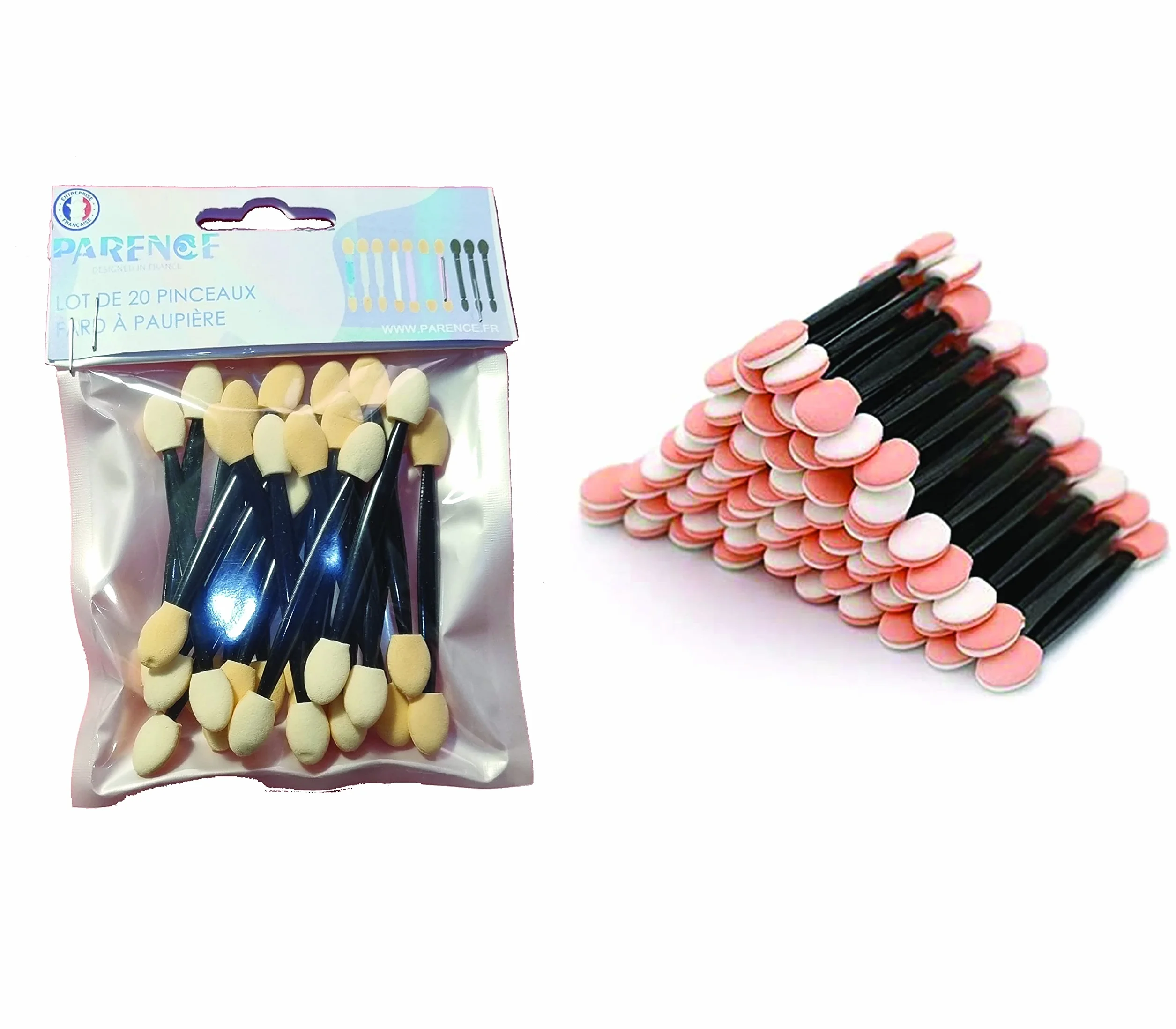 PARENCE - Set di 20 pennelli per ombretto, usa e getta, strumenti per il trucco, double face, spugna con punta, per applicazione di trucco, 20 pennelli, colore: nero/beige)