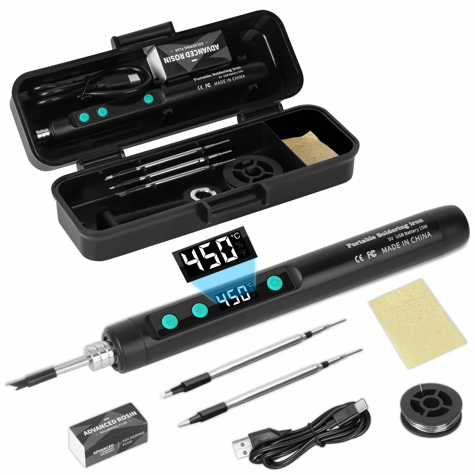 Kit di Saldatura Ricaricabile USB 180-450℃ Senza Fili con 3 Punte di Ricambio