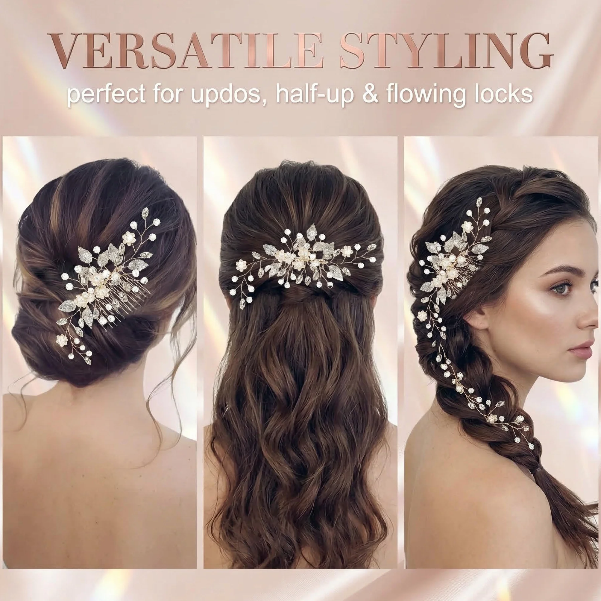 Accessori Capelli Sposa Oro Rosa, Pettini per Capelli da Sposa con Fiore e Perle, Fermaglio Capelli Sposa Donna, Accessorio per Capelli da Sposa in Cristallo per Donne e Ragazze