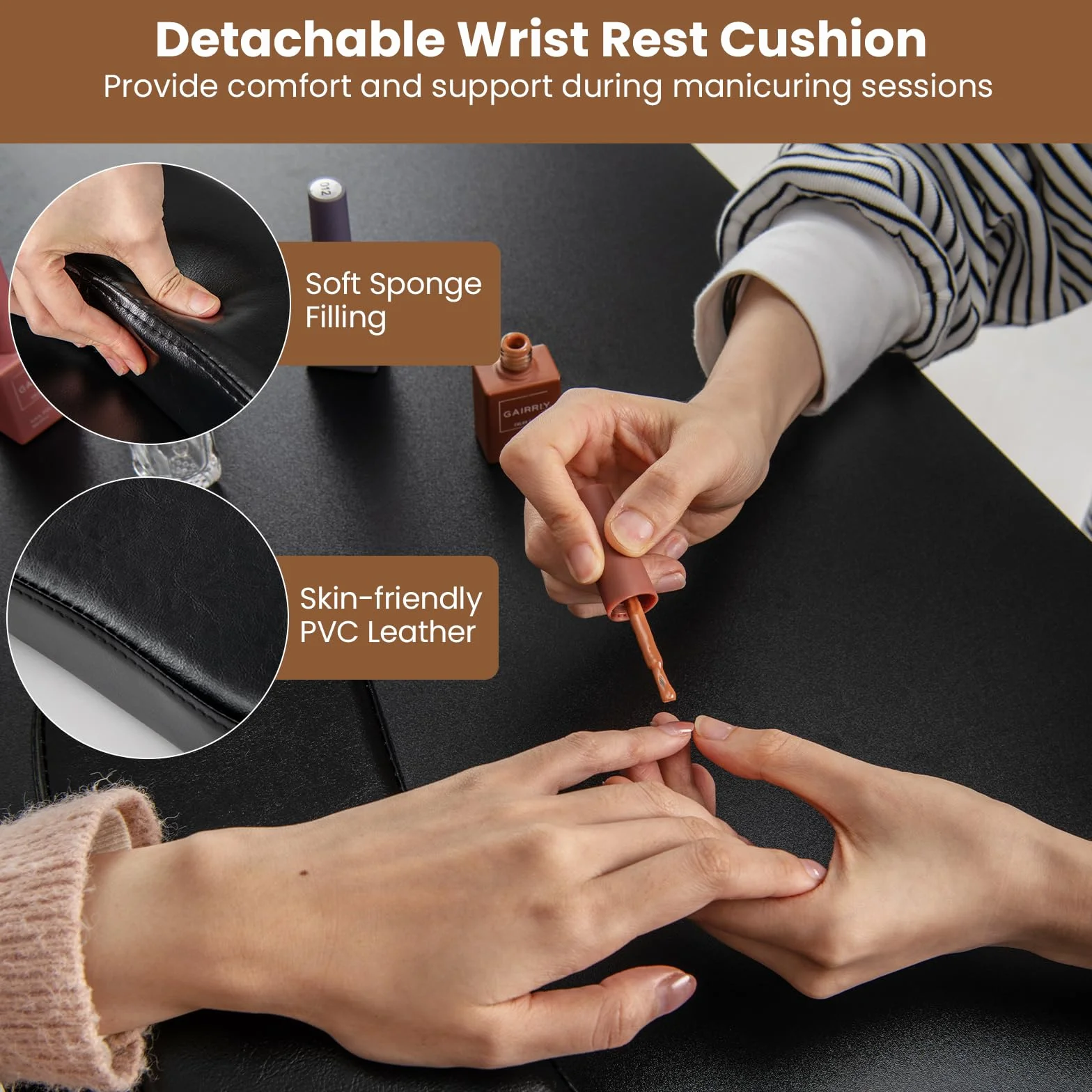 HOMASIS Tavolo per Manicure in Legno, Scrivania per Unghie con 3 Cassetti, 2 Armadietti, Poggiapolsi Rimovibile, Tavolo da Nail Art con Piedini Metallici per Salone di Bellezza, Trucco (Nero)