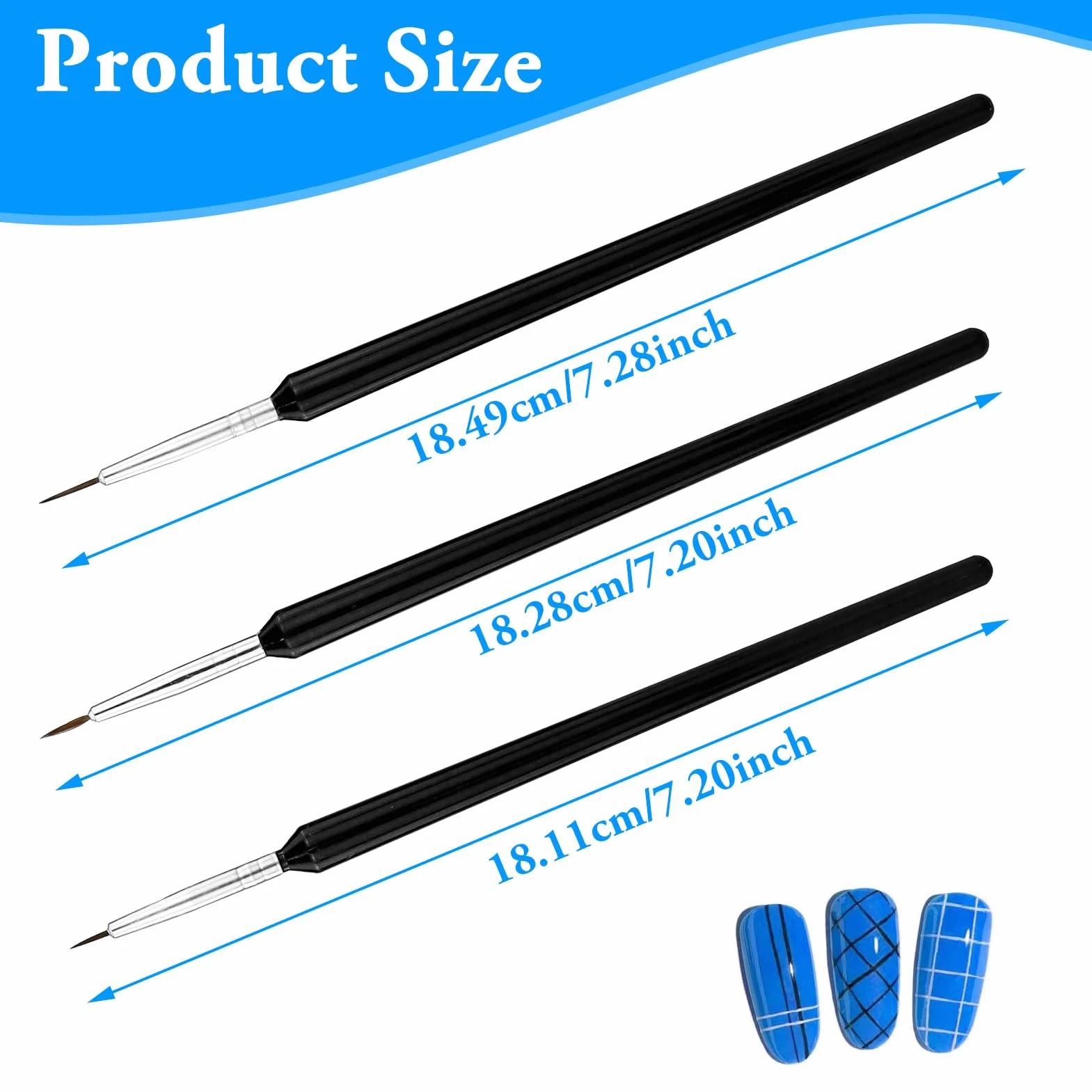 Set di 3 pennelli sottili per nail art, pennelli sottili per nail art in miniatura, pennelli per nail art fai da te, per brevi tratti, dettagli, sfumature, linee allungate