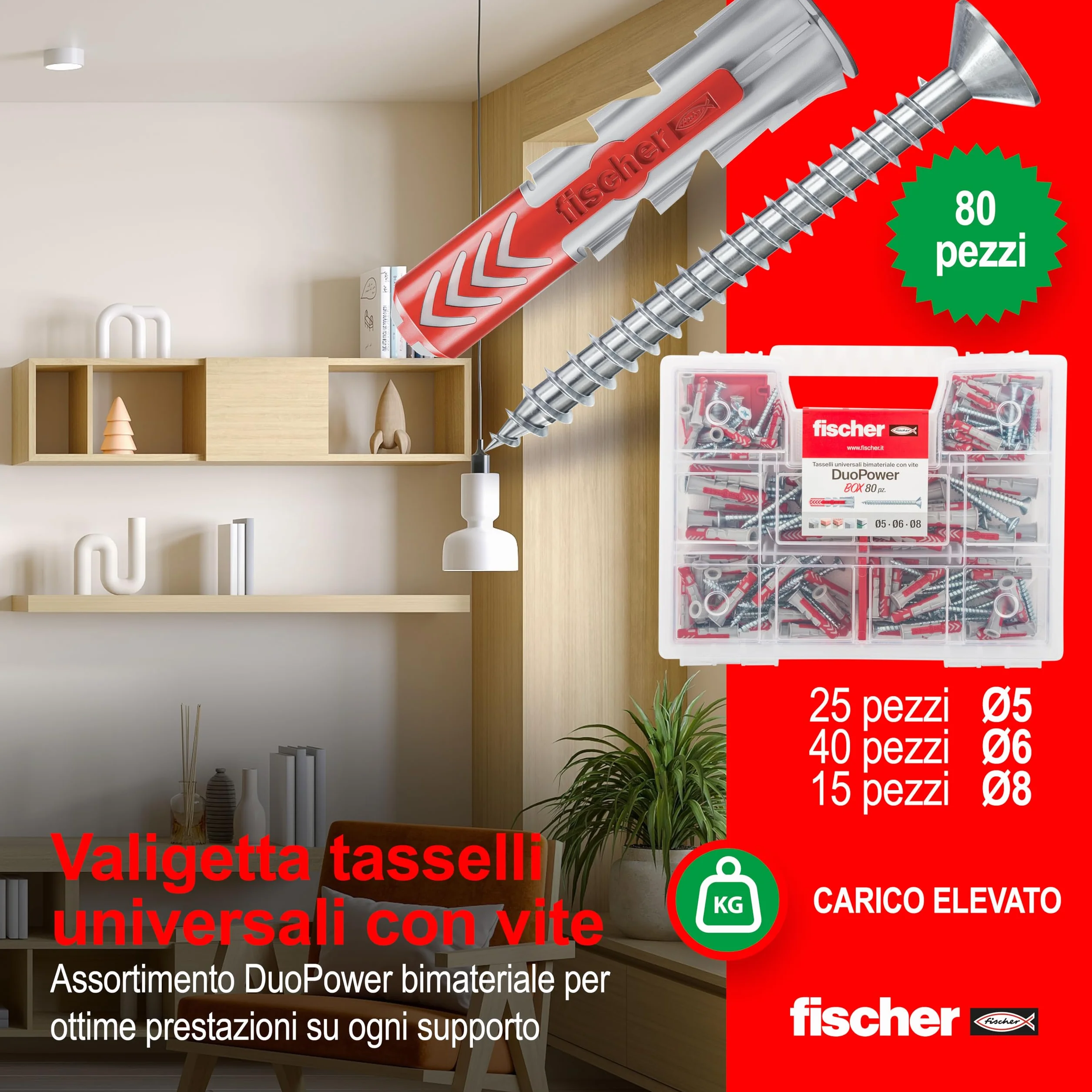 Fischer DUOPOWER Kit Valigetta 80 Tasselli Universali per Muro Pieno, Mattone Forato, Cartongesso, Calcestruzzo