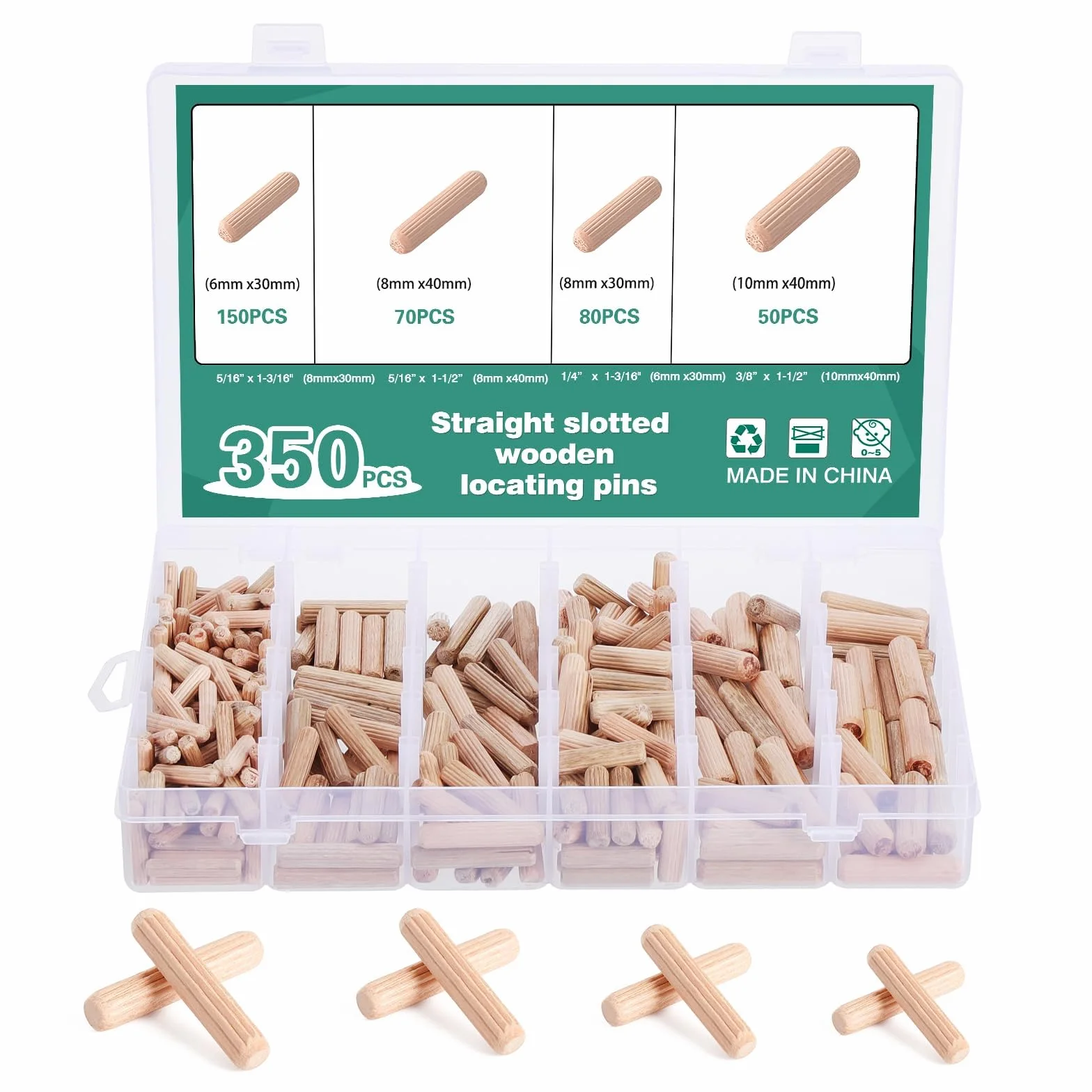 Tasselli in Legno Scanalati 6x30/8x30/8x40/10x40mm, Spine e Perni in Legno Duro 350 Pezzi per Mobili, Assemblaggio