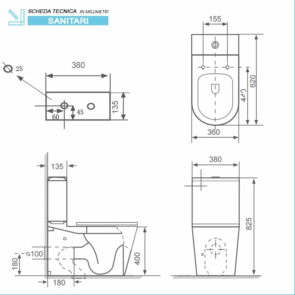 WC Filomuro Monoblocco Rimless Ceramica Bianco Lucida Linea Tygo 38x62x82,5 cm Sedile Soft-Close