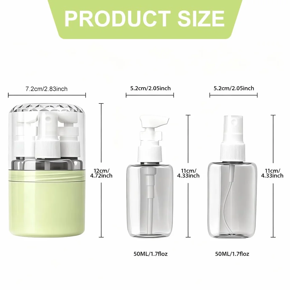 Set di bottiglie da viaggio 4 in 1, 50 ml, 2 testine spray e 2 testine per lozione, a prova di perdite, con etichette, accessori da viaggio per aereo, bagaglio a mano, ufficio, impermeabile e stabile