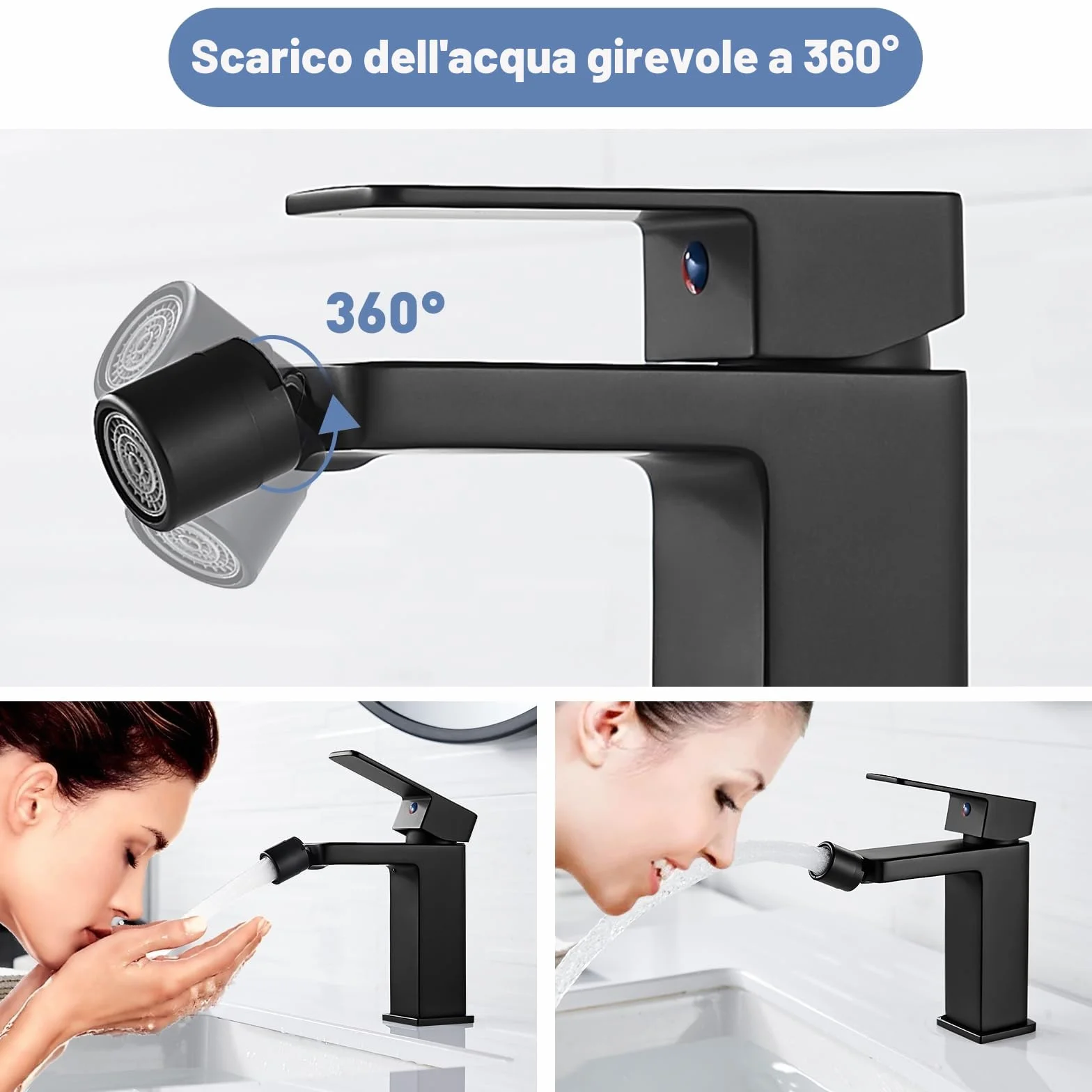 Rubinetto Bidet Nero Monocomando in Ottone con Bocca Girevole Staccabile G3/8