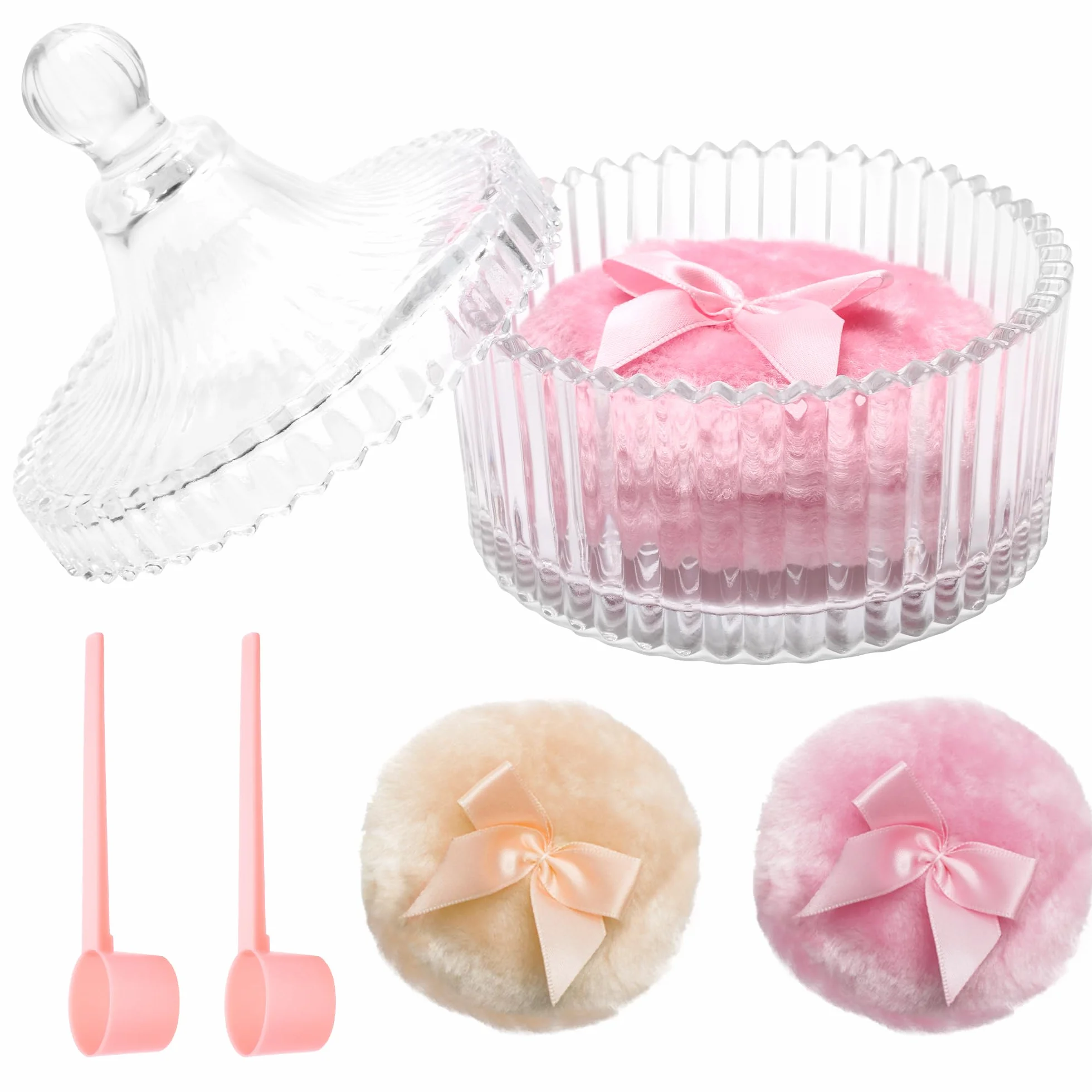 Puderdose con piumino set in vetro piumino per cipria corpo grande contenitore cipria con 2 piumini e cucchiaio morbido e soffice per donne rosa beige