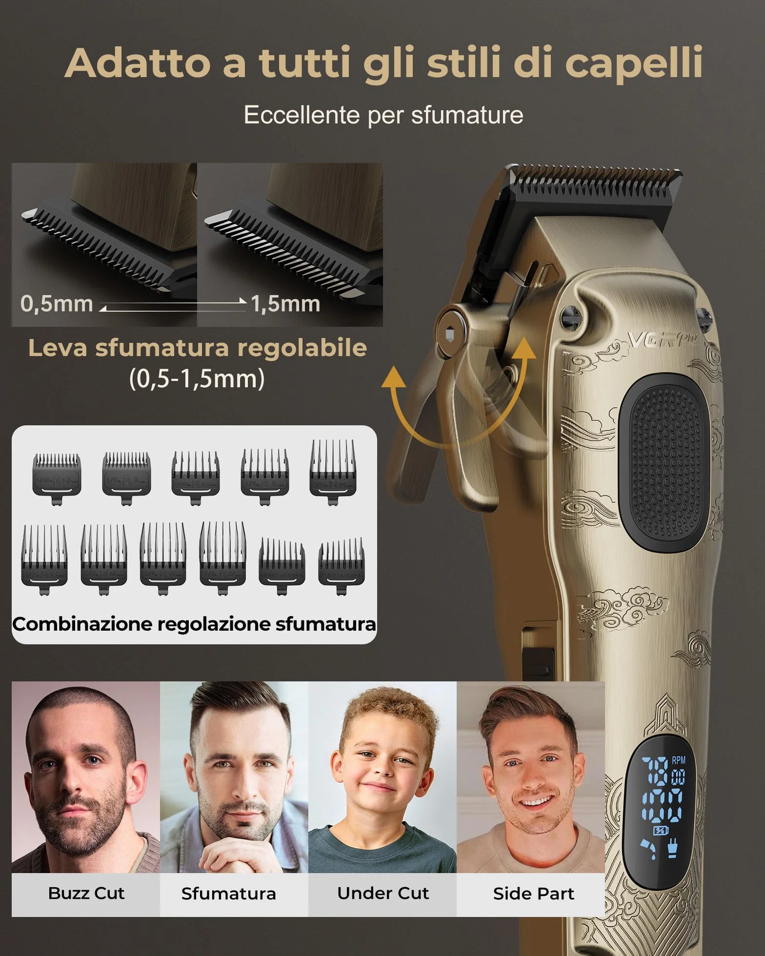 VGRPRO Tagliacapelli uomo professionale, Tagliacapelli Senza Fili per Macchinetta per Capelli, set di Capelli Trimmer e Taglia capelli uomo elettrico Con confezione (Oro)