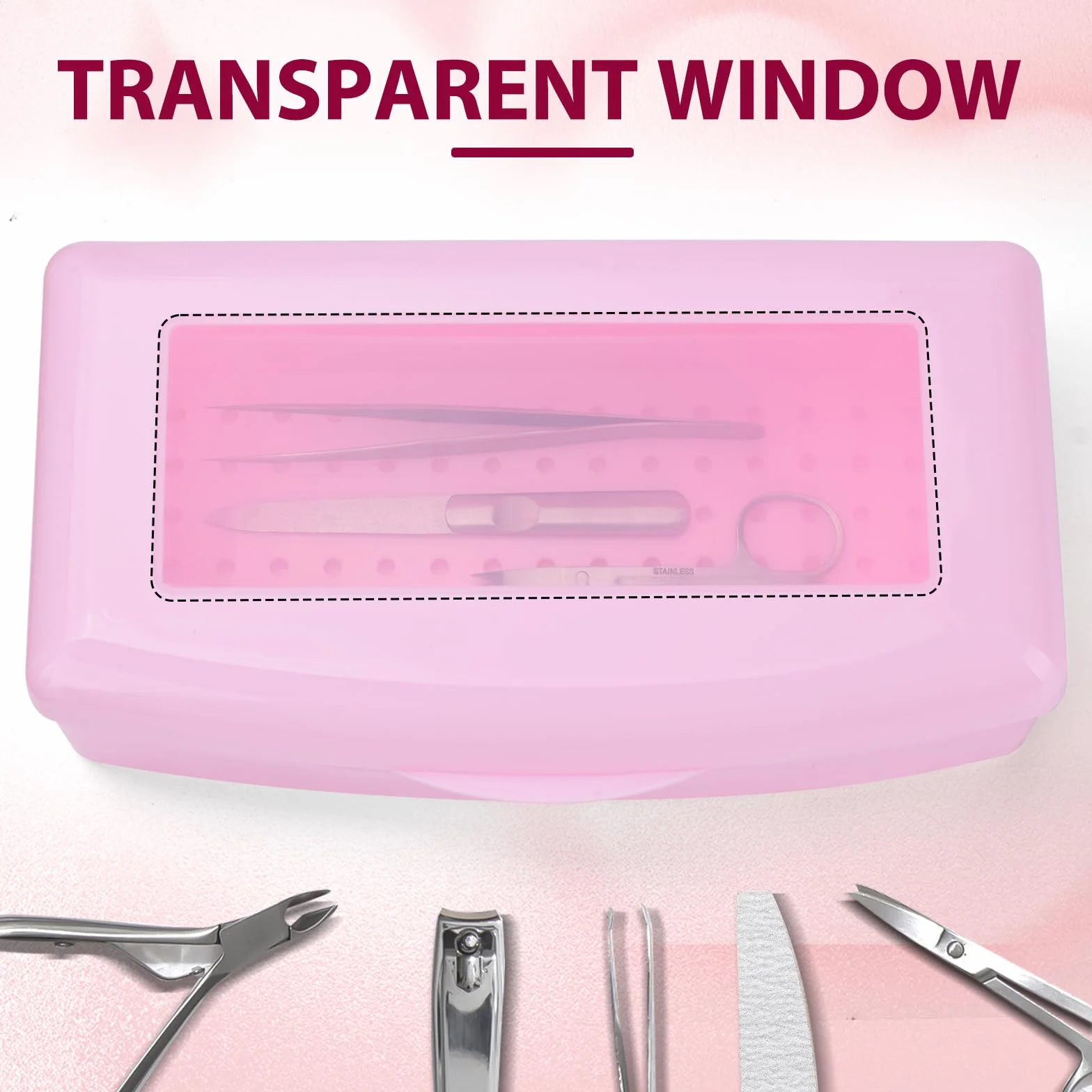 ATOMUS Scatola sterilizzatrice per unghie, vassoio in plastica per sterilizzazione, organizer per pinzette, extension per ciglia, strumenti per l'applicazione delle unghie (rosa)