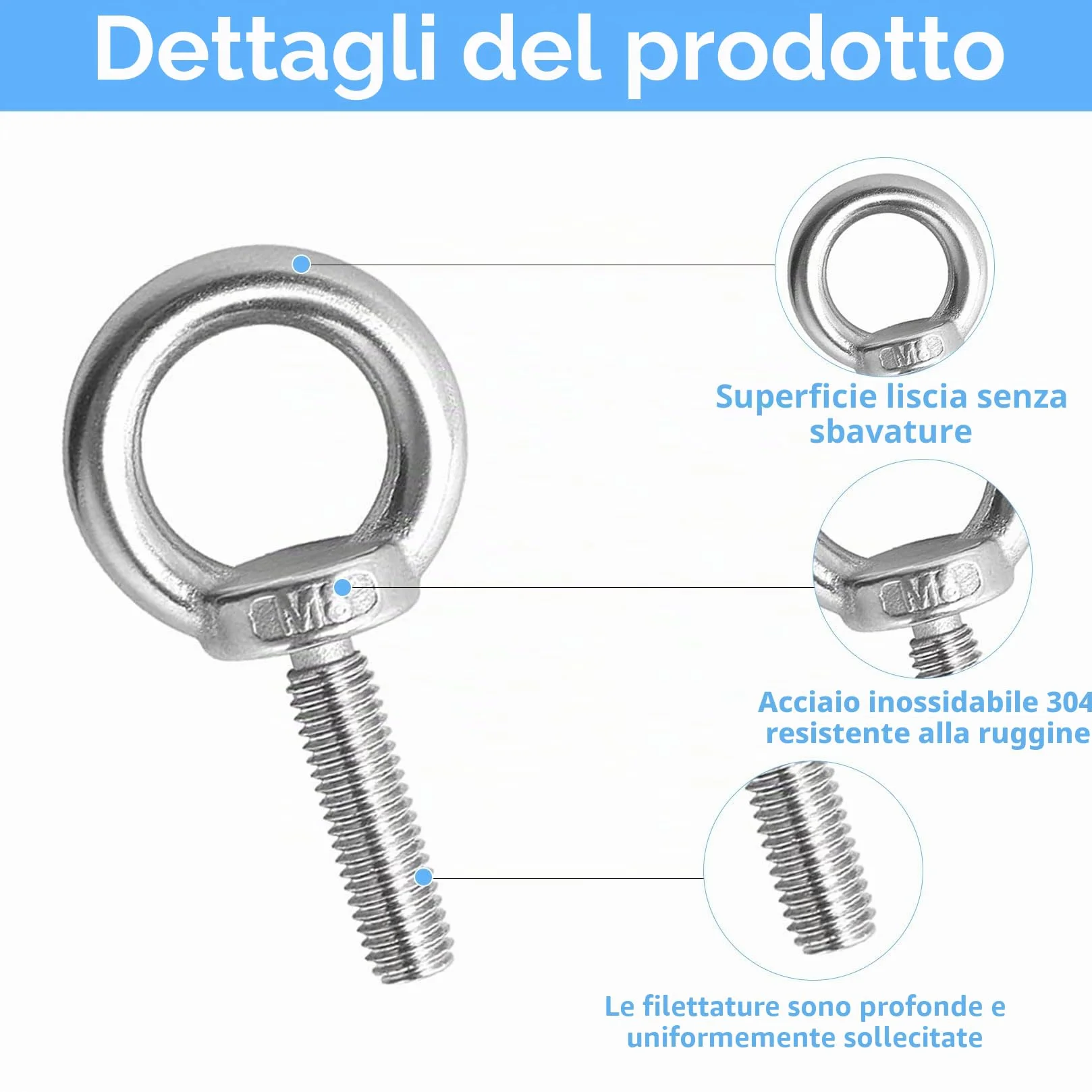 Bulloni Occhiello M8 x 30mm Acciaio Inox 304 Golfare per Sollevamento Fissaggio