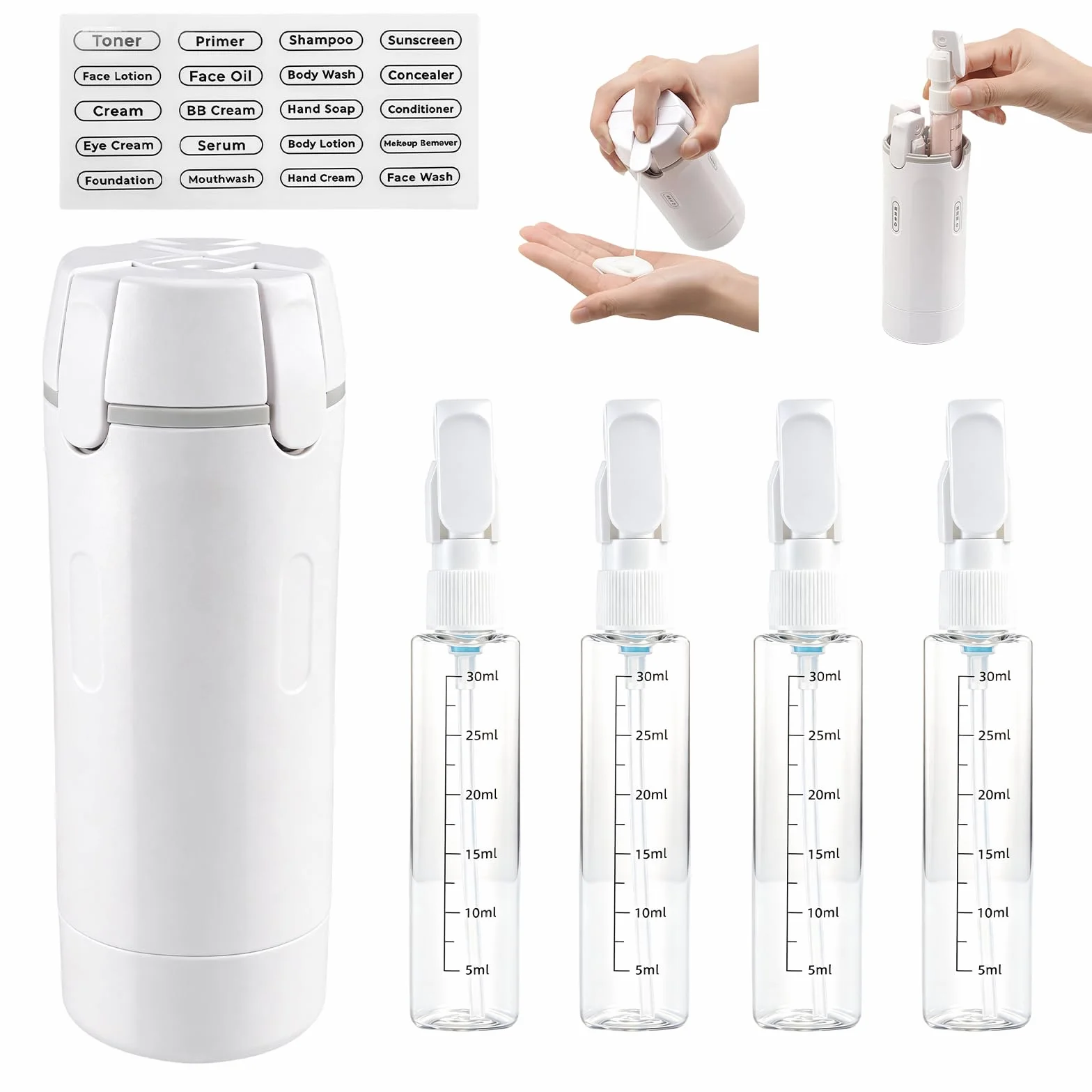 4 in 1 bottiglie da viaggio da riempire, bottiglie da viaggio ricaricabili, bottiglie di shampoo da riempire, gadget da viaggio, bottiglie da viaggio per shampoo, lozione e balsamo