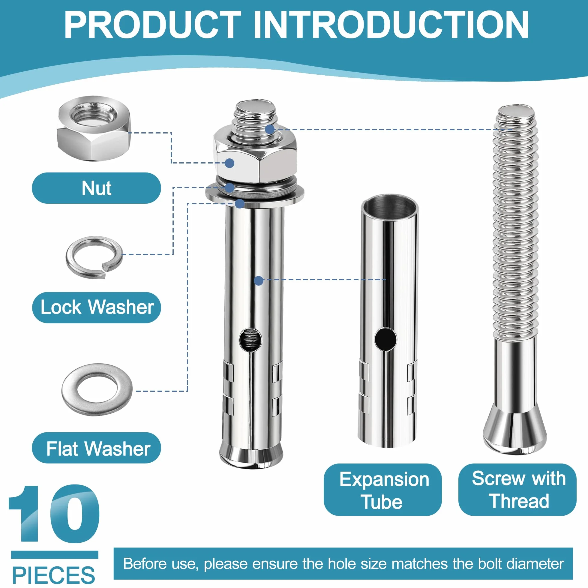 Bulloni Di Espansione Viti in Acciaio Inox Ancoraggio Esagonali 6*60mm M 10 Pezzi