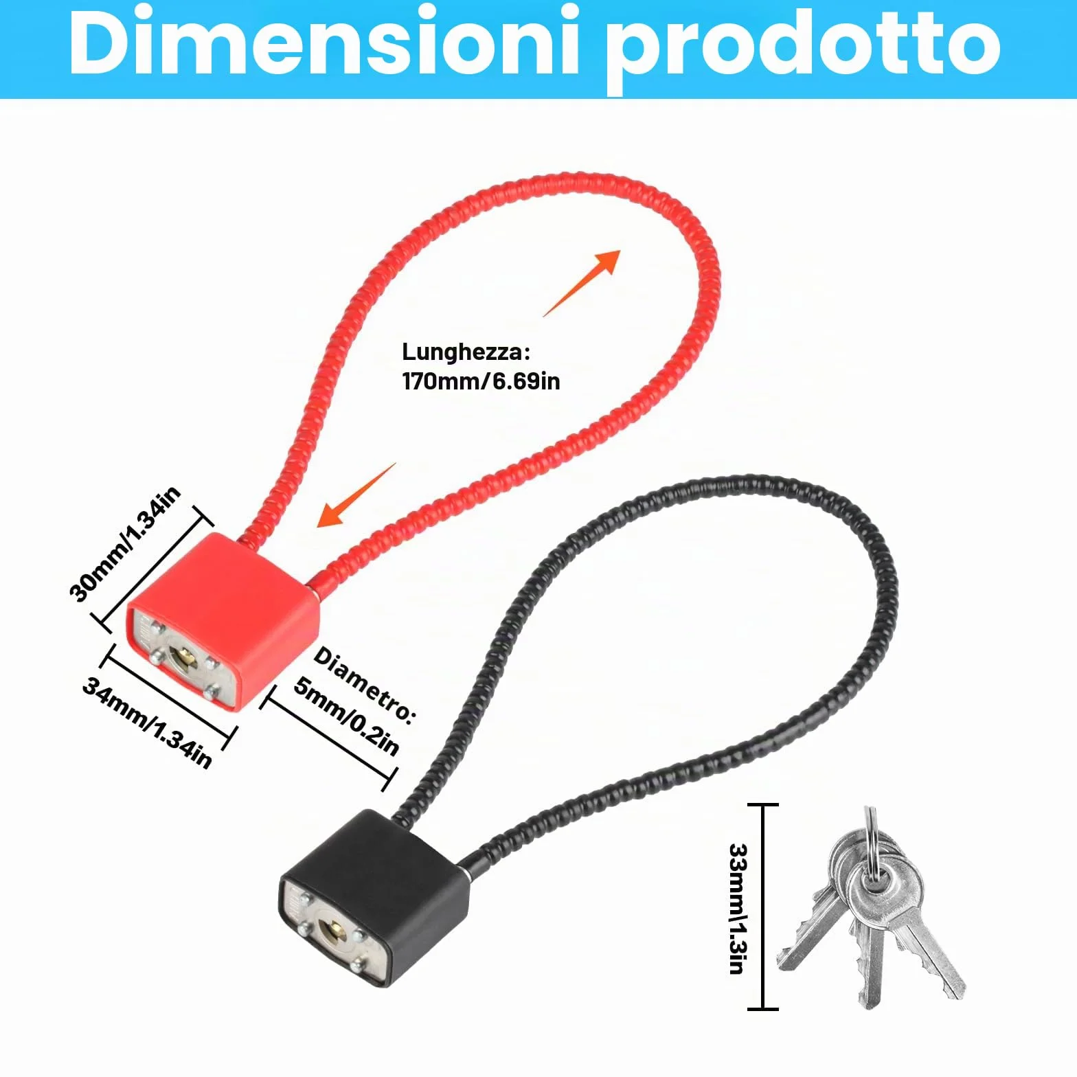 Lucchetti in corda d'acciaio con chiavi, resistenti ad arco lungo, flessibile per interni ed esterni bidoni biciclette valigie