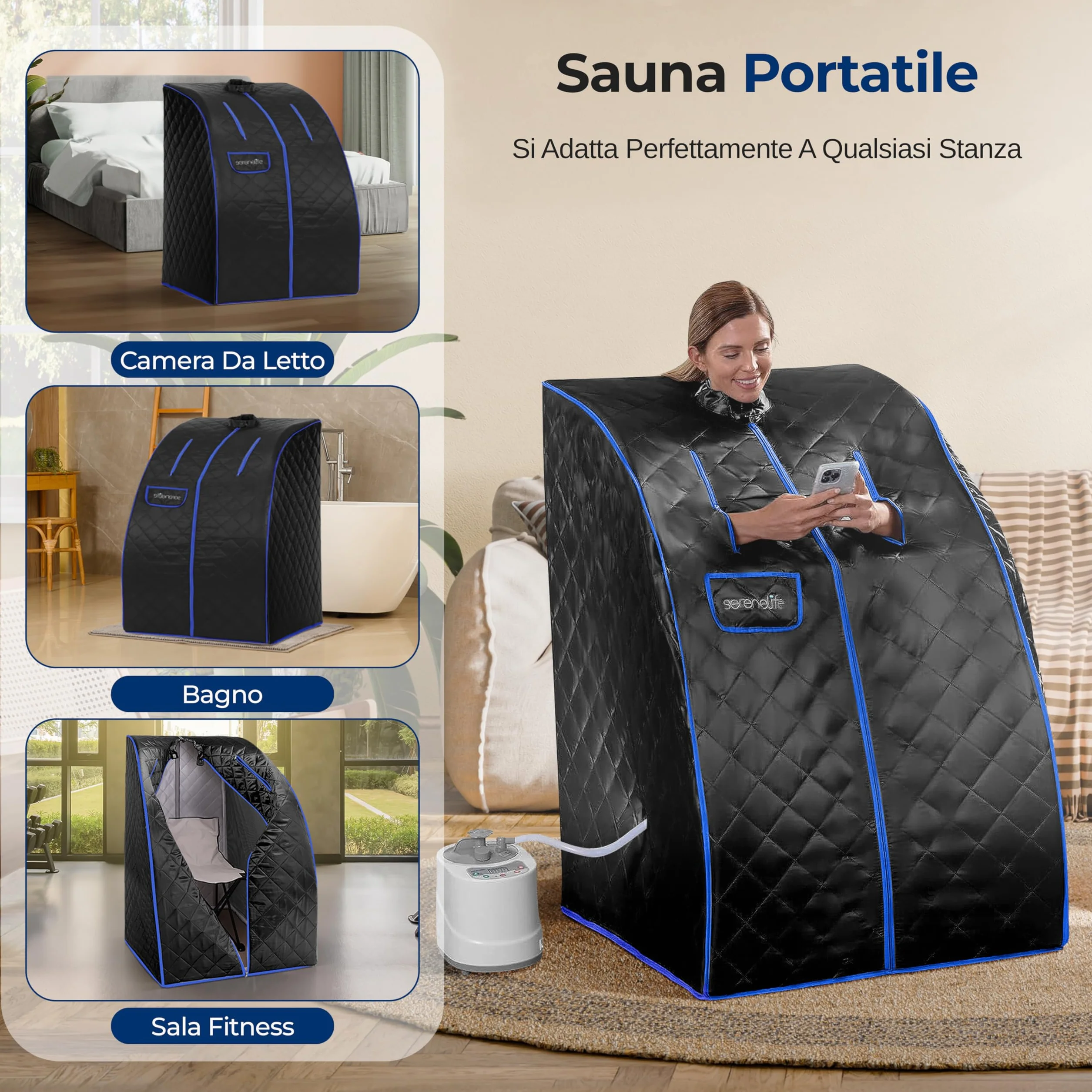 SereneLife Sauna a Vapore Portatile con Telecomando e Sedia Pieghevole per Una Persona, Nero