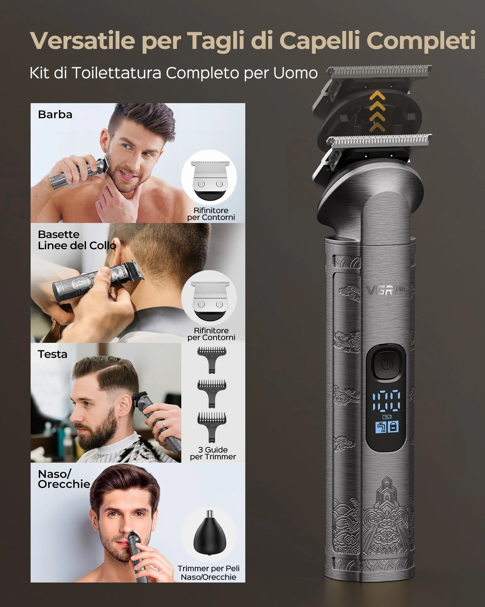 VGRPRO Set di Tagliacapelli uomo professionale e Trimmer Capelli, Rasoio Elettrico a Lamina, Macchinetta per capelli, 4 Impostazioni di Velocità, Display LED della Batteria, Uso da Barbiere (Grigio)